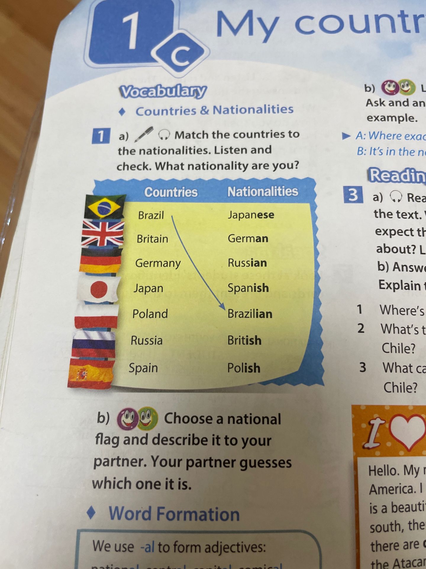 Фото задания: 1a) Match the countries to the nationalities. Listen and check. What nationality are you? 1b) Choose a national flag and…