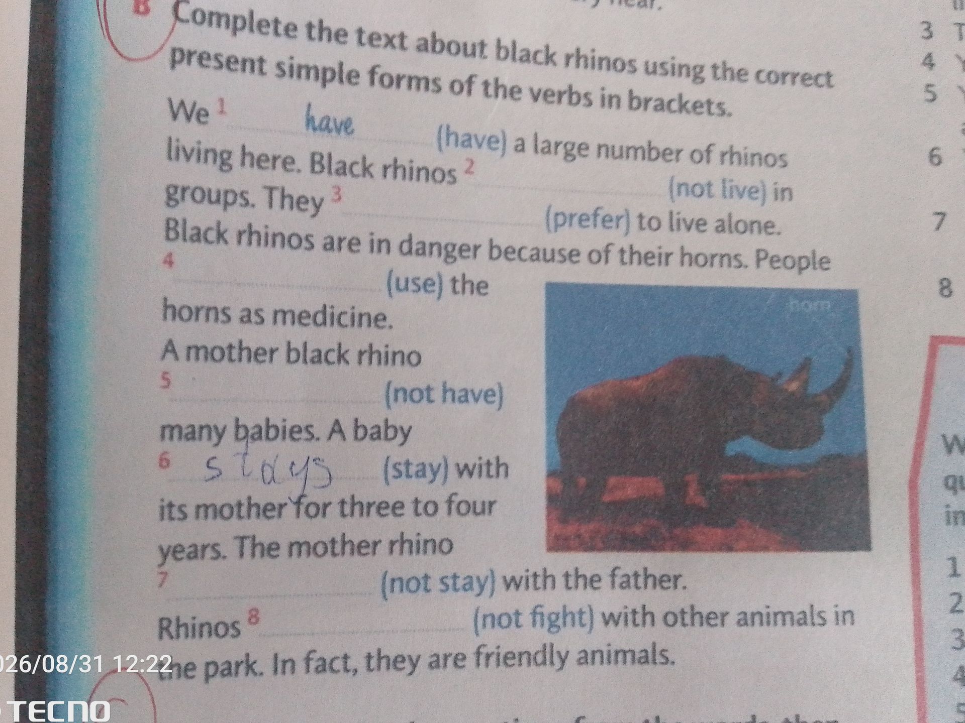 Фото задания: Complete the text about black rhinos using the correct present simple forms of the verbs in brackets: 1) We ___ (have) a…
