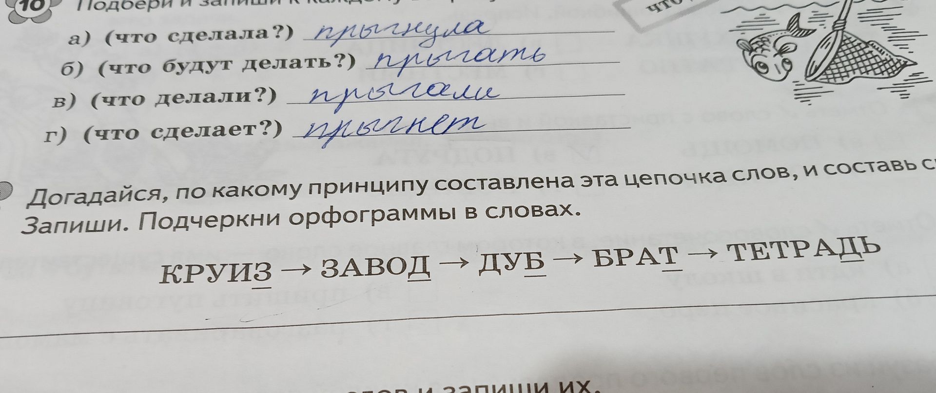 Фото задания: 10. Подбери и запиши к каждому глаголу однокоренные формы: а) (что сделала?) б) (что будут делать?) в) (что делали?) г)…