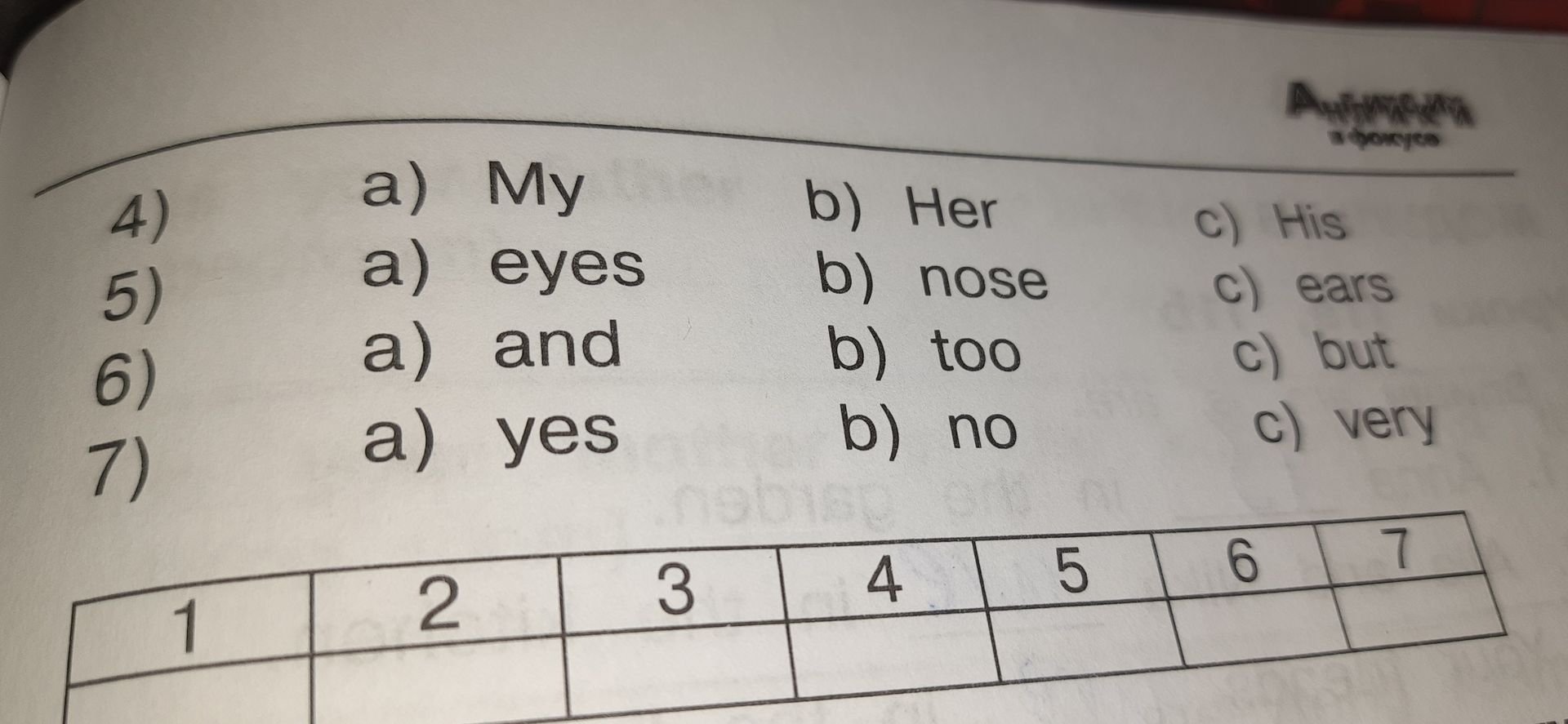 Фото задания: 4) a) My b) Her c) His; 5) a) eyes b) nose c) ears; 6) a) and b) too c) but; 7) a) yes b) no c) very