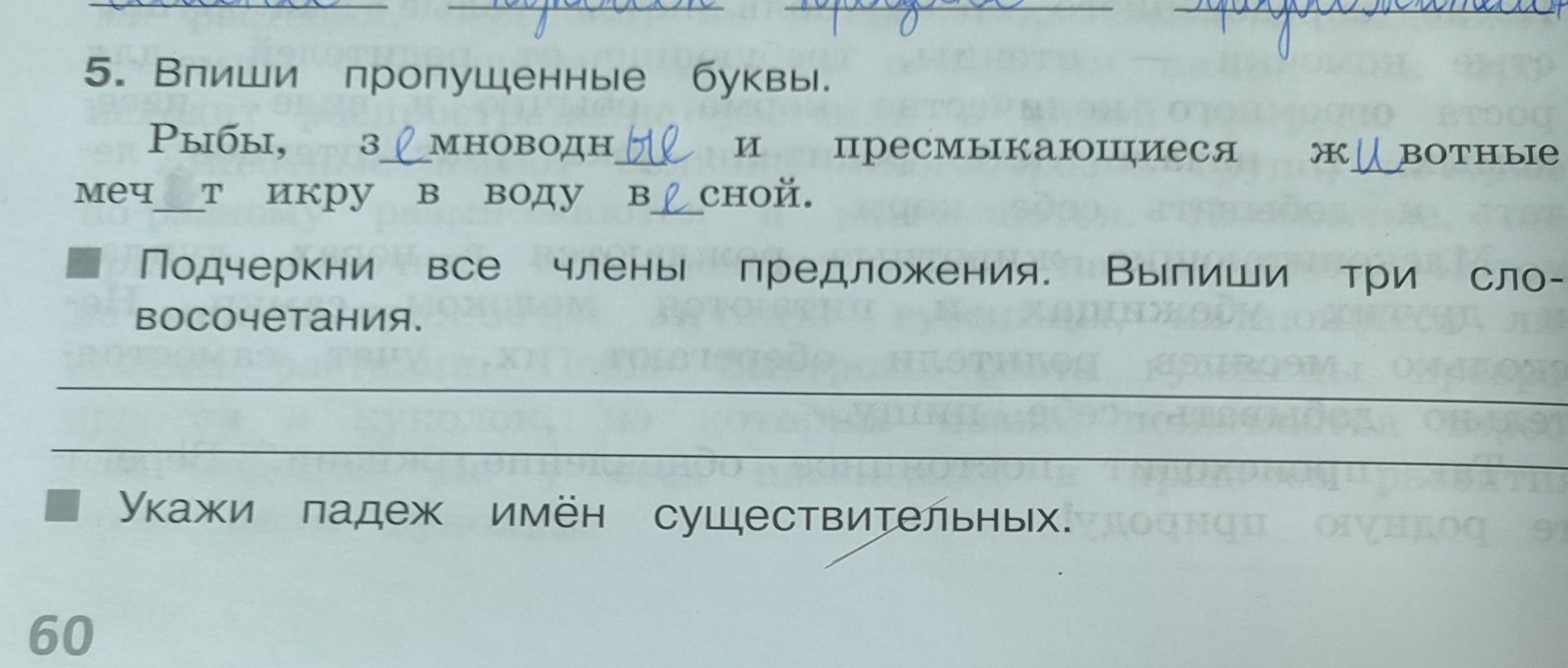 Фото задания: 5. Впиши пропущенные буквы. Рыбы, з...мноводные и пресмыкающиеся ж...вотные меч...т икру в воду в...сной. Подчеркни все члены…