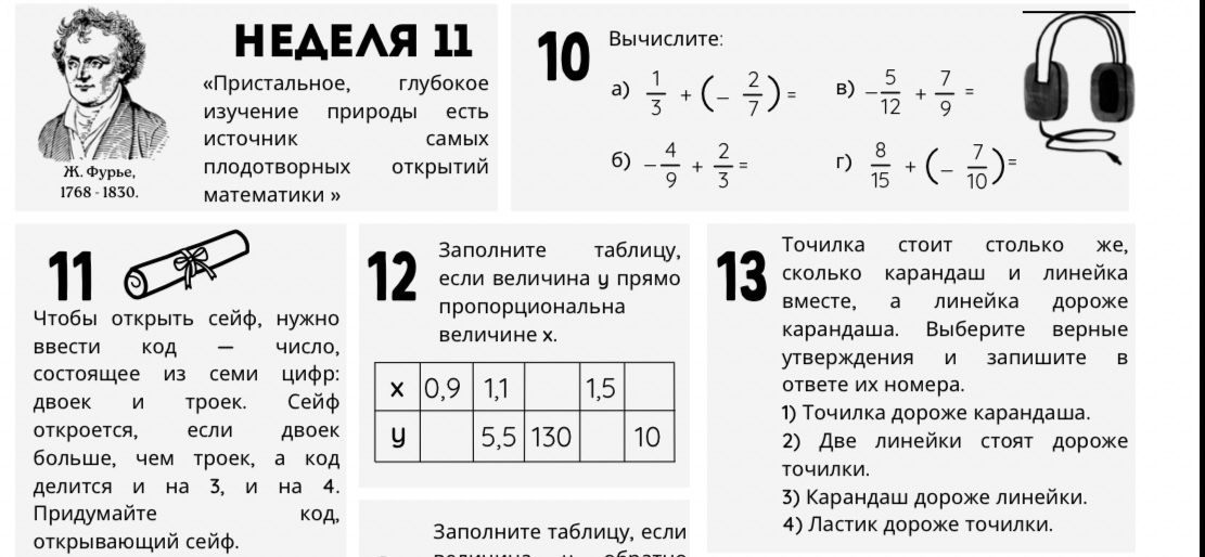 Фото задания: 12. Заполните таблицу, если величина y прямо пропорциональна величине x: x: 0,9; 1,1; [пусто]; 1,5; [пусто]. y: [пусто]; 5,5;…
