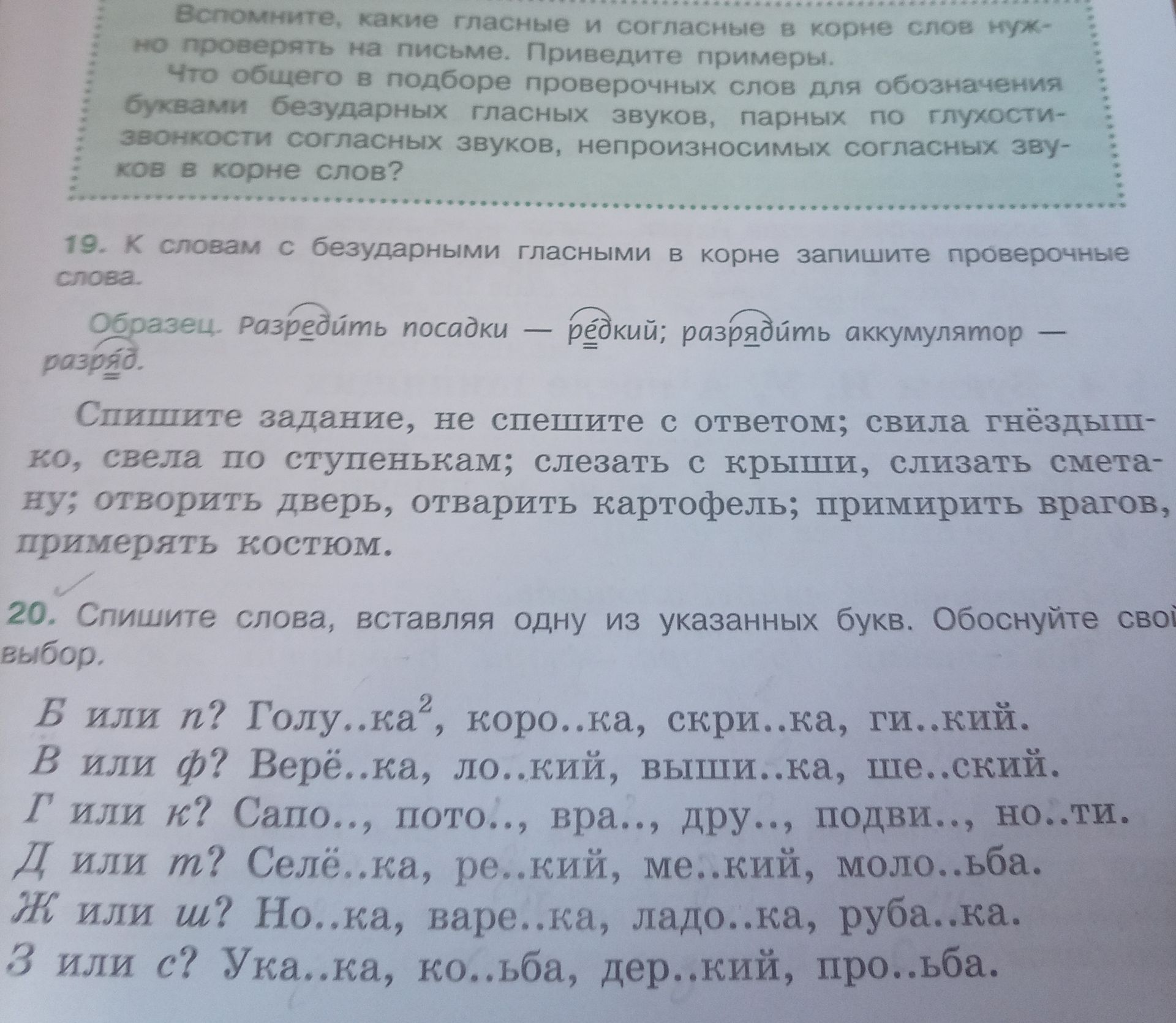 Фото задания: 20. Спишите слова, вставляя одну из указанных букв. Обоснуйте свой выбор. В или п? Голу..ка², коро..ка, скри..ка, ги..кий.…