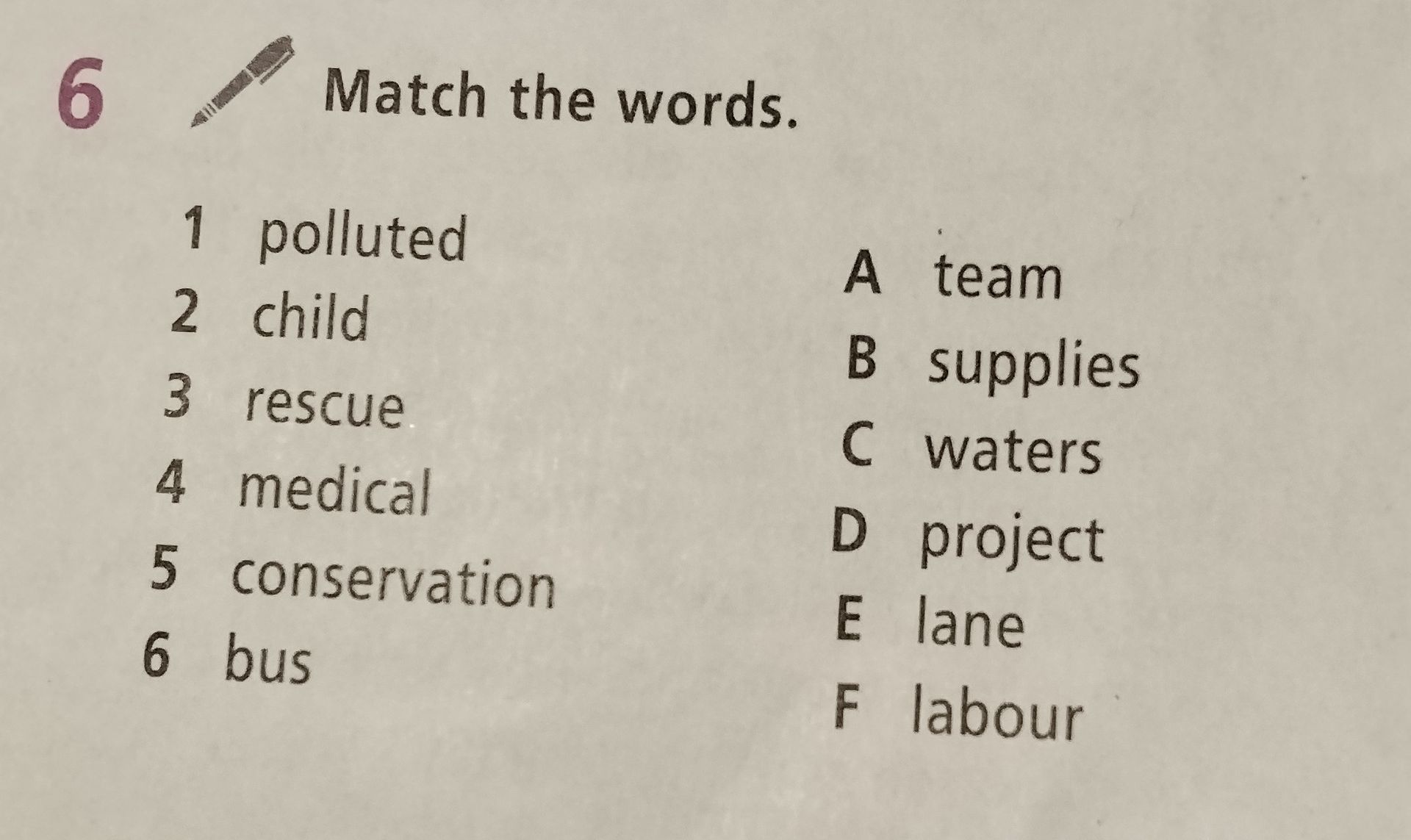 Фото задания: Match the words: 1 polluted, 2 child, 3 rescue, 4 medical, 5 conservation, 6 bus. A team, B supplies, C waters, D project,…