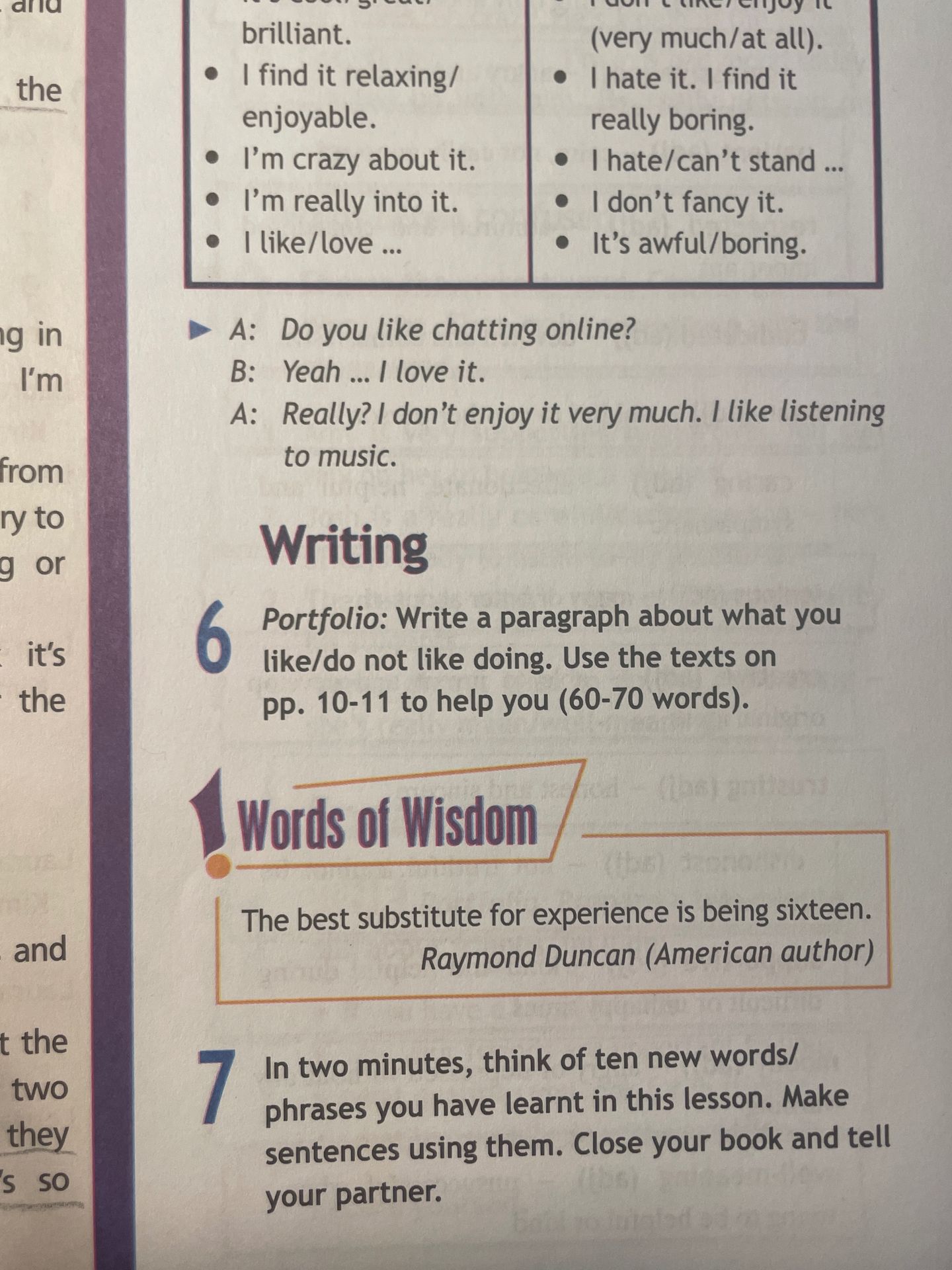 Фото задания: Portfolio: Write a paragraph about what you like/do not like doing. Use the texts on pp. 10–11 to help you (60–70 words).