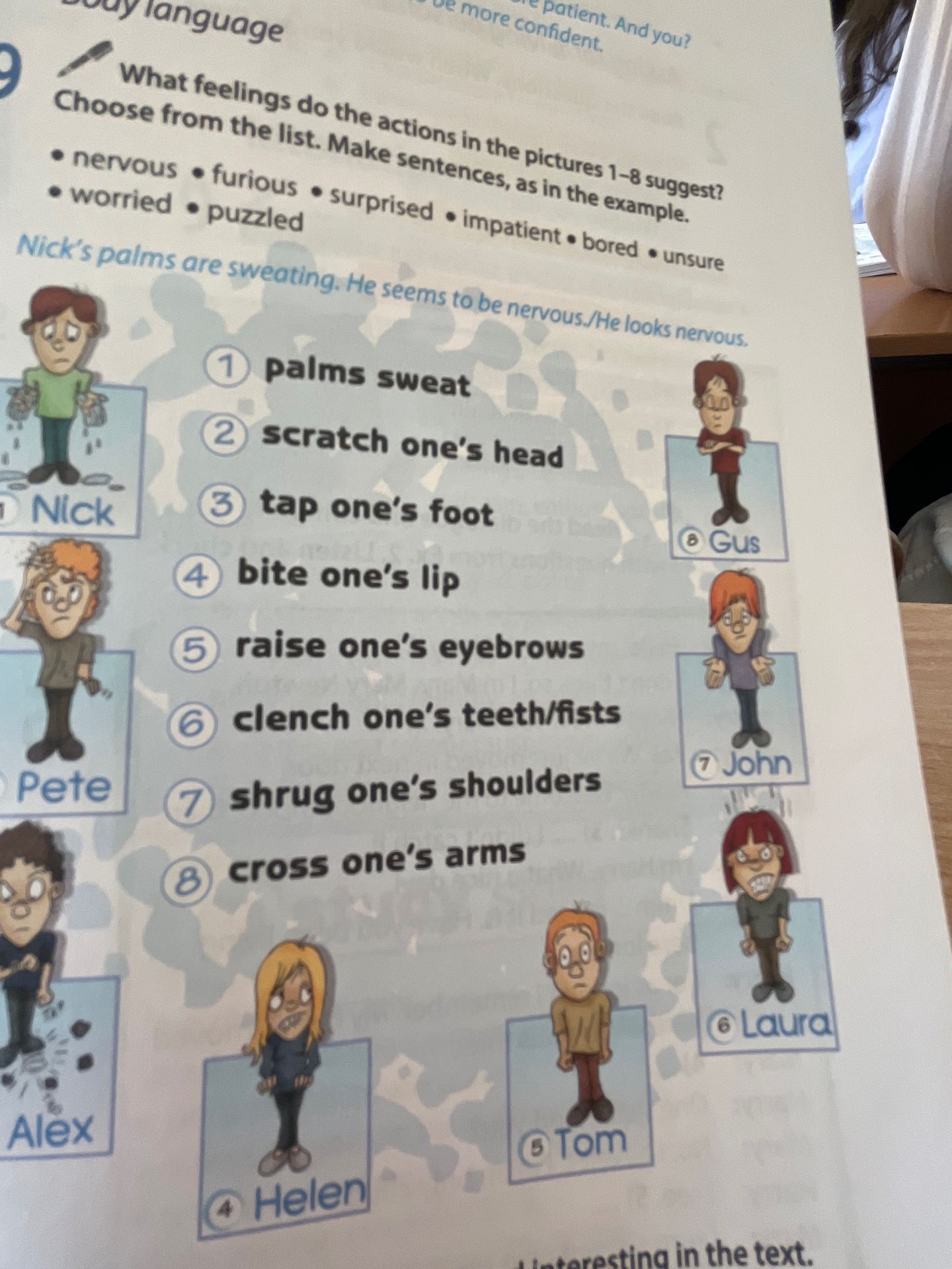 Фото задания: What feelings do the actions in pictures 1–8 suggest? Choose from the list. Make sentences, as in the example. Feelings:…