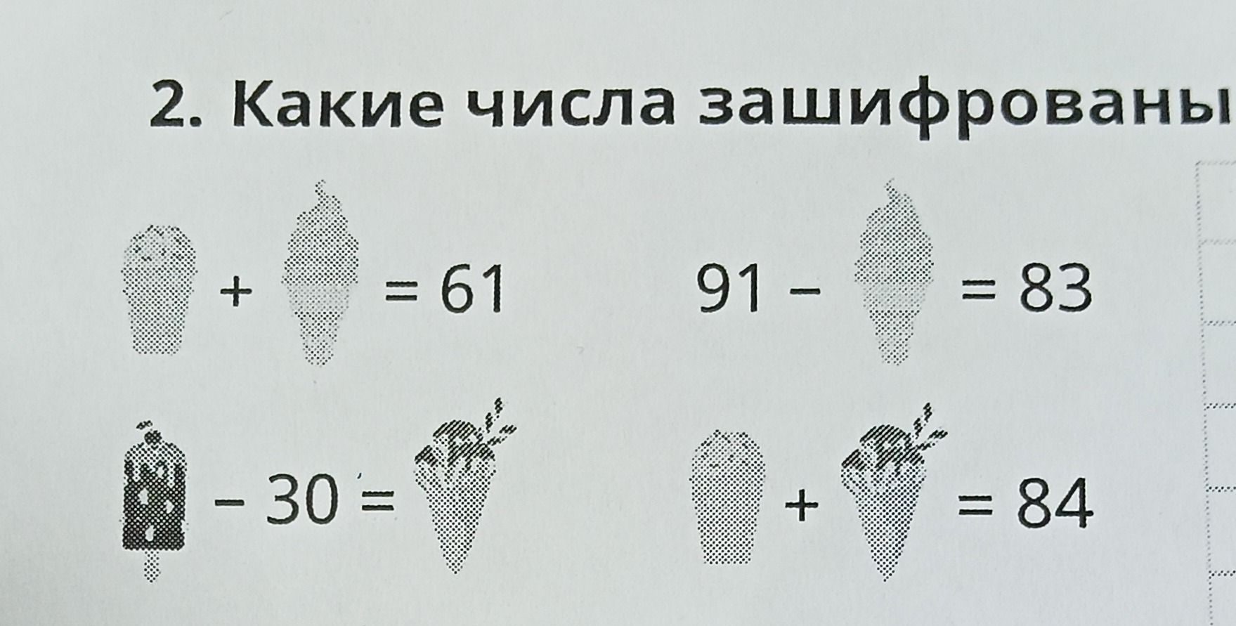 Фото задания: 2. Какие числа зашифрованы на рисунках? Мороженое на палочке + рожок мороженого = 61; 91 − рожок мороженого = 83; мороженое…