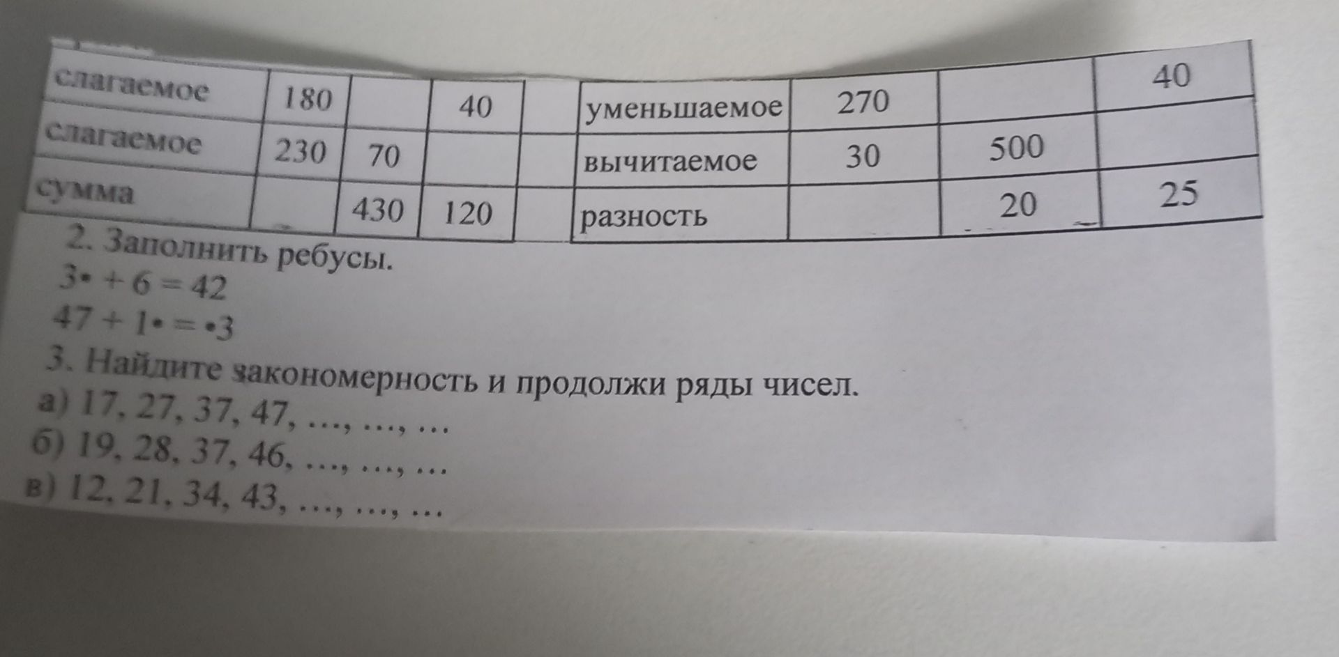 Фото задания: 3. Найдите закономерность и продолжи ряды чисел. а) 17, 27, 37, 47, ..., ..., ...; б) 19, 28, 37, 46, ..., ..., ...; в) 12,…