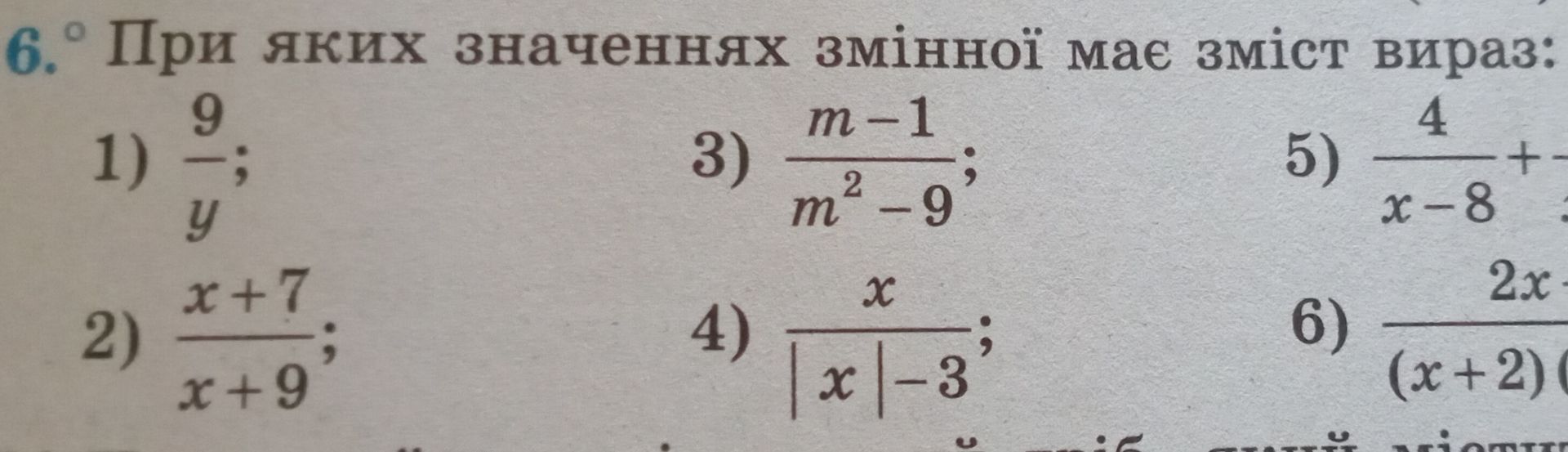 Фото задания: 6. При каких значениях переменной имеет смысл выражение: 1) \(\frac{9}{y}\); 2) \(\frac{x+7}{x+9}\); 3)…