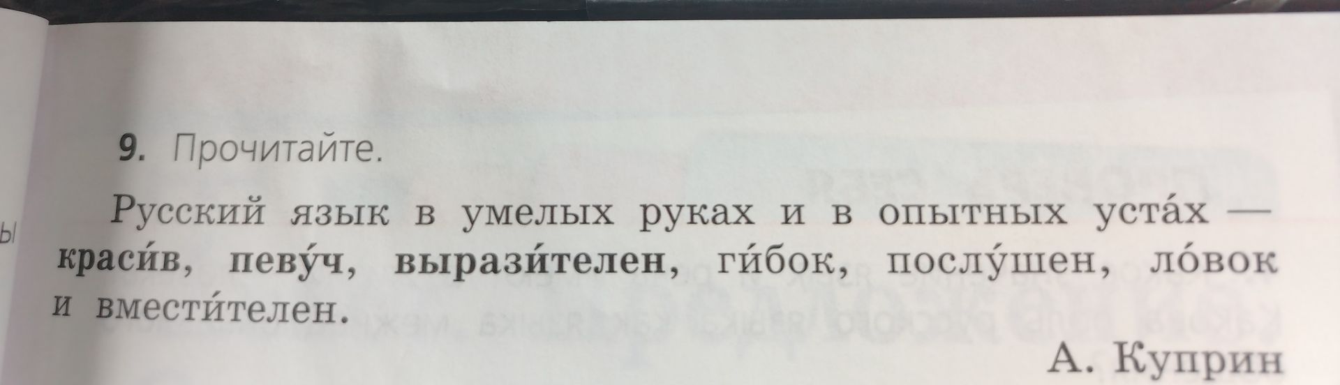 Фото задания: 9. Прочитайте. Русский язык в умелых руках и в опытных устах — красив, певуч, выразителен, гибок, послушен, ловок и…