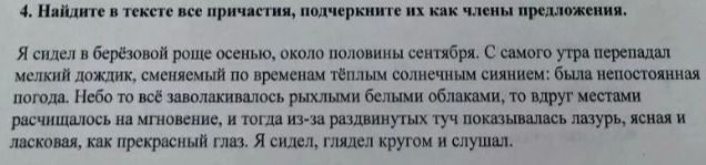 Фото задания: 4. Найдите в тексте все причастия, подчеркните их как члены предложения. Я сидел в берёзовой роще осенью, около половины…