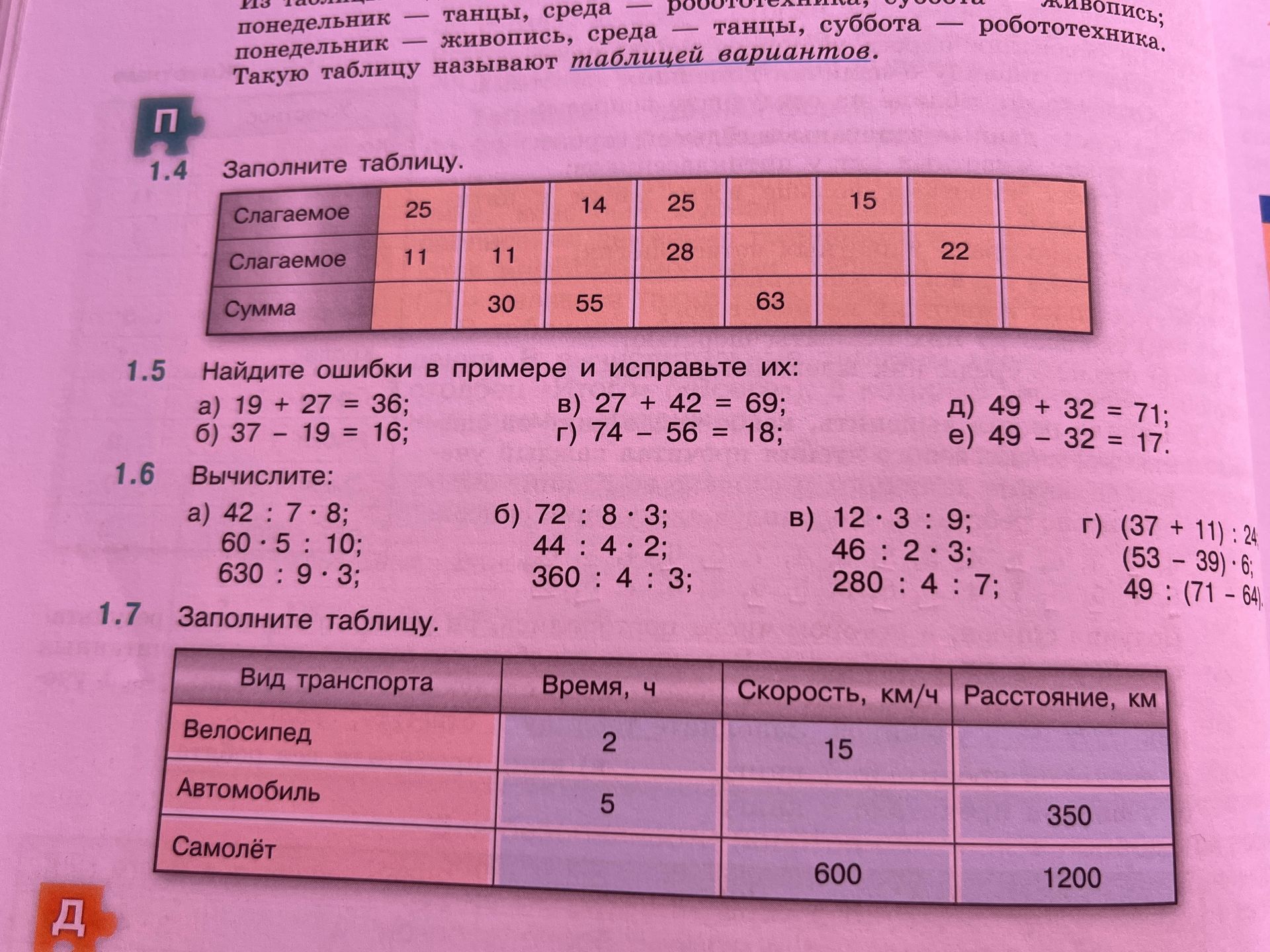 Фото задания: 1.7. Заполните таблицу: вид транспорта, время (ч), скорость (км/ч), расстояние (км). Велосипед: время 2, скорость 15.…