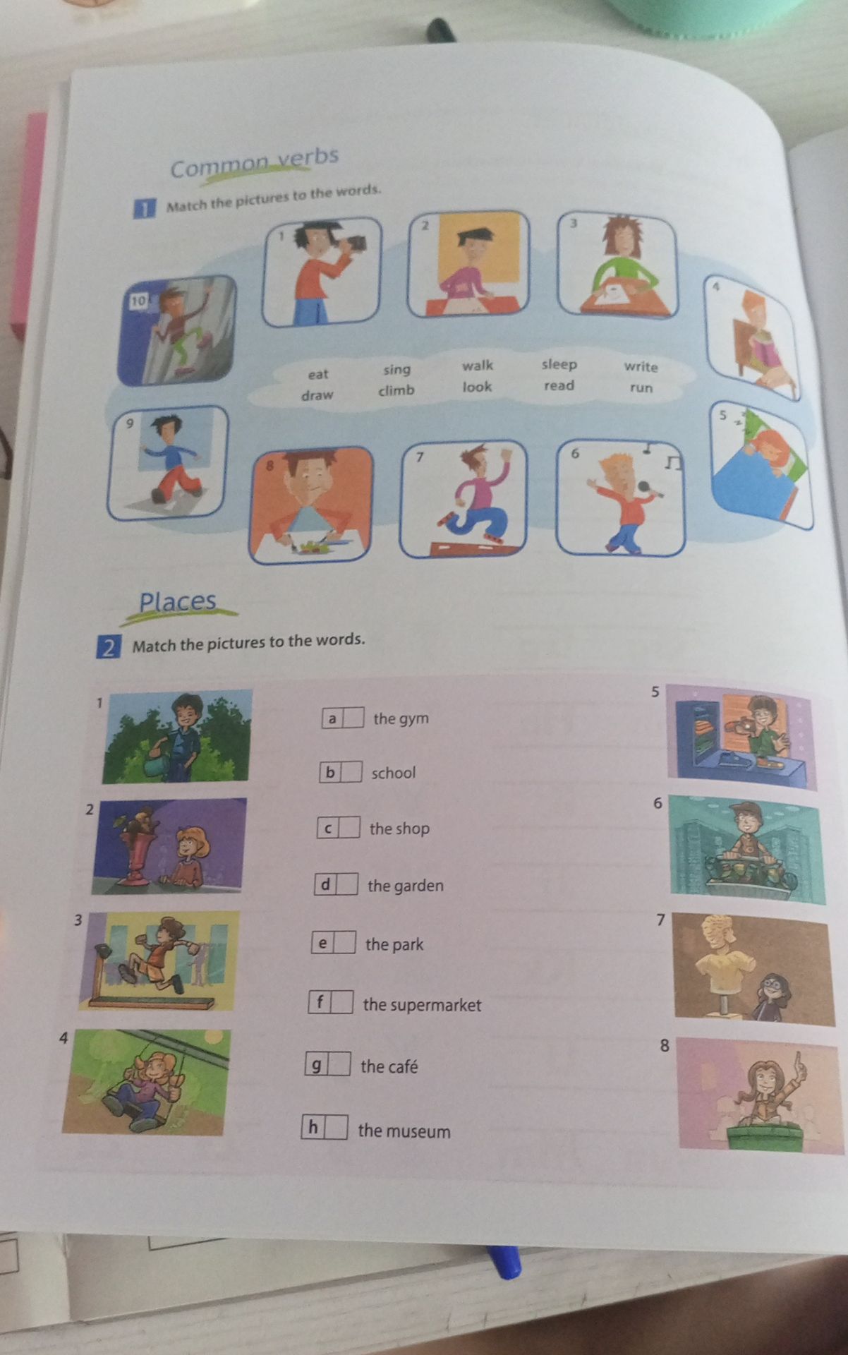 Фото задания: 1. Common verbs. Match the pictures to the words: eat, sing, walk, sleep, write, draw, climb, look, read, run.