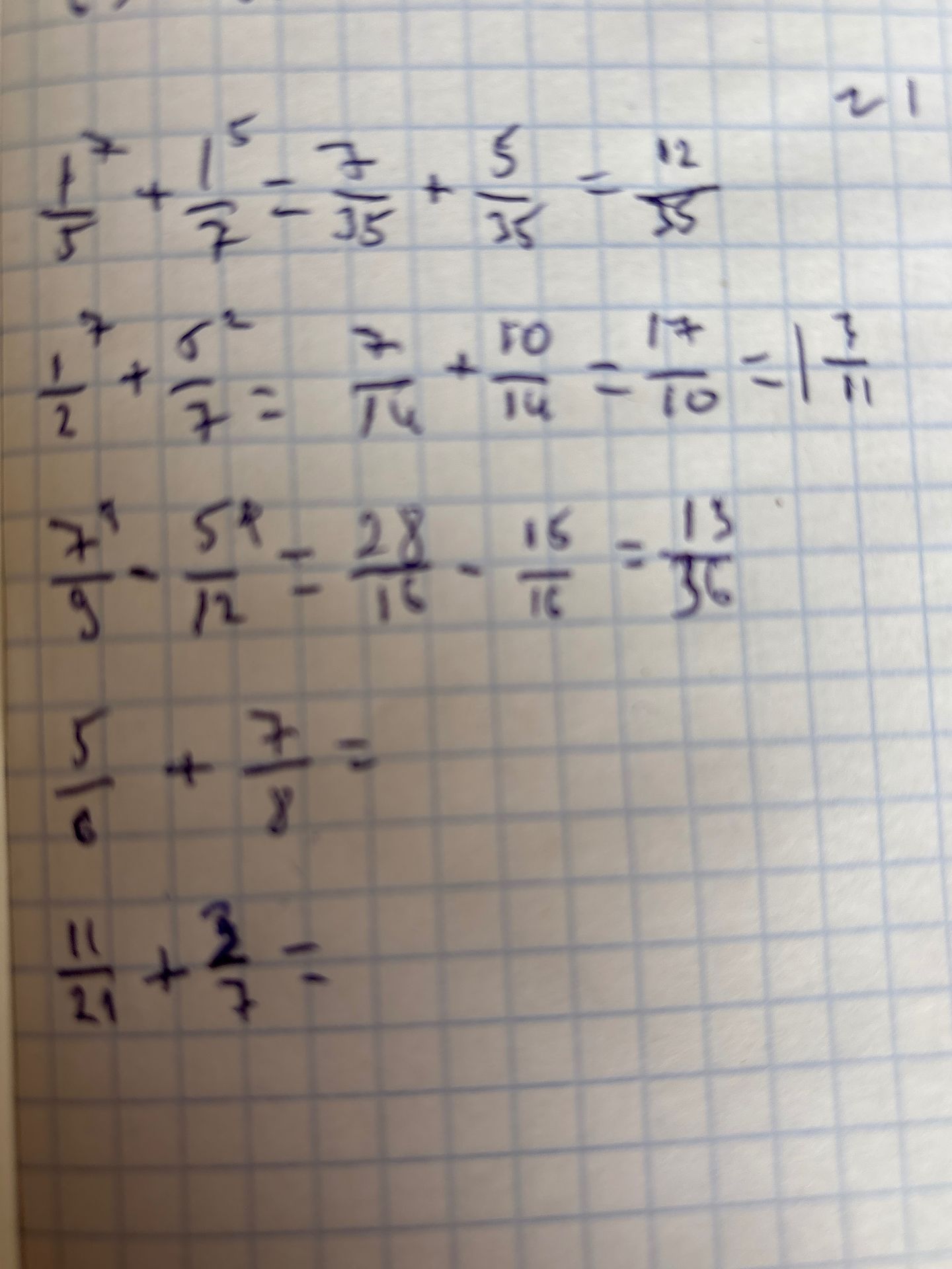 Фото задания: Вычислите: 1/5 + 1/7 − 7/35 + 5/35 − 12/35; 1/2 + 6/7 − 7/14 + 10/14 − 17/10; 7/9 − 5/12 − 2/18 − 15/18; 5/6 + 7/y; 11/21 +…