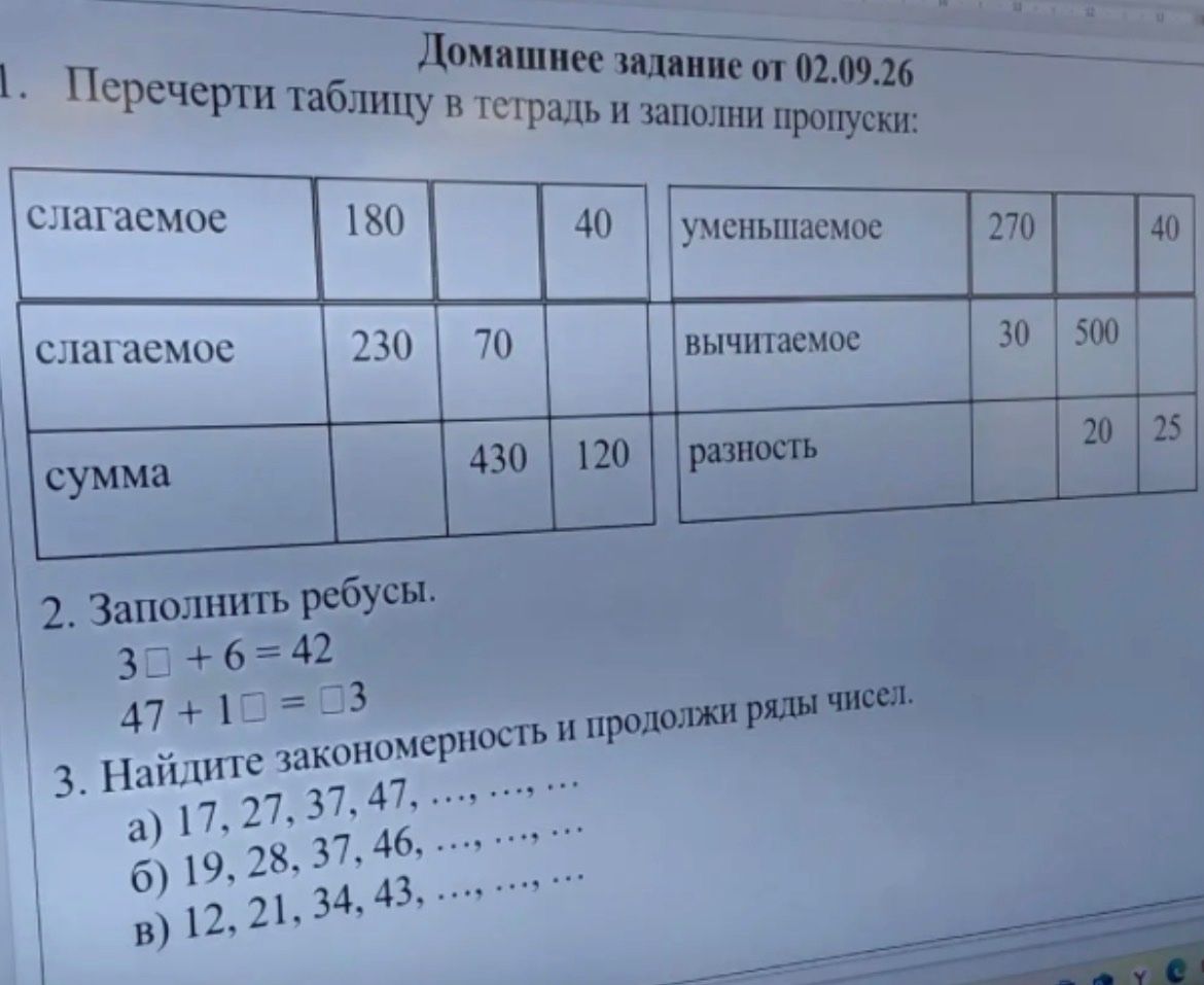 Фото задания: 1. Перечерти таблицу в тетрадь и заполни пропуски: сложение: 180 + 230 = ?; ? + 70 = 430; 40 + ? = 120. Вычитание: 270 − 30 =…
