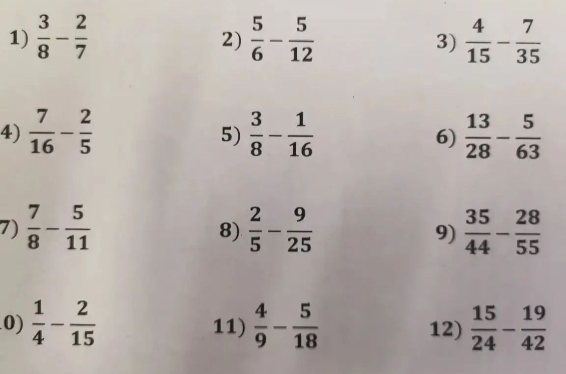 Фото задания: 12) \(\frac{15}{24}-\frac{19}{42}\)