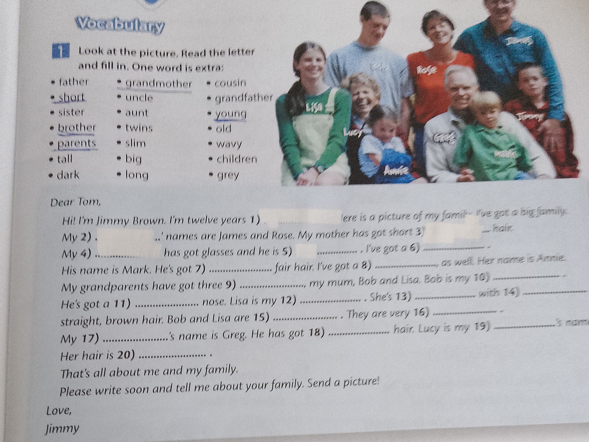 Фото задания: Vocabulary. Look at the picture. Read the letter and fill in. One word is extra: father, short, sister, brother, parents,…