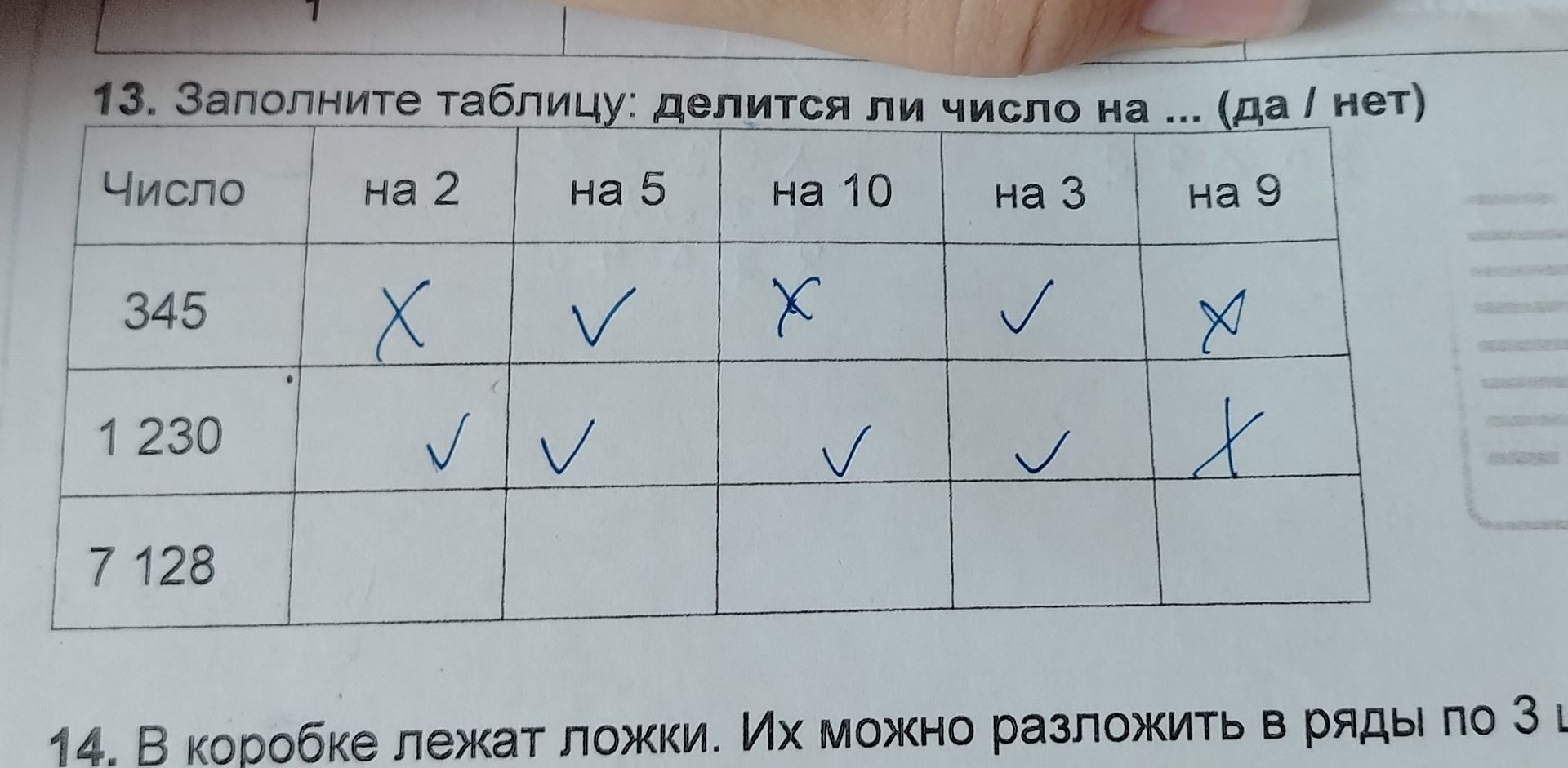 Фото задания: 13. Заполните таблицу: делится ли число на 2, 5, 10, 3, 9 (да / нет). Числа: 345; 1230; 7128.