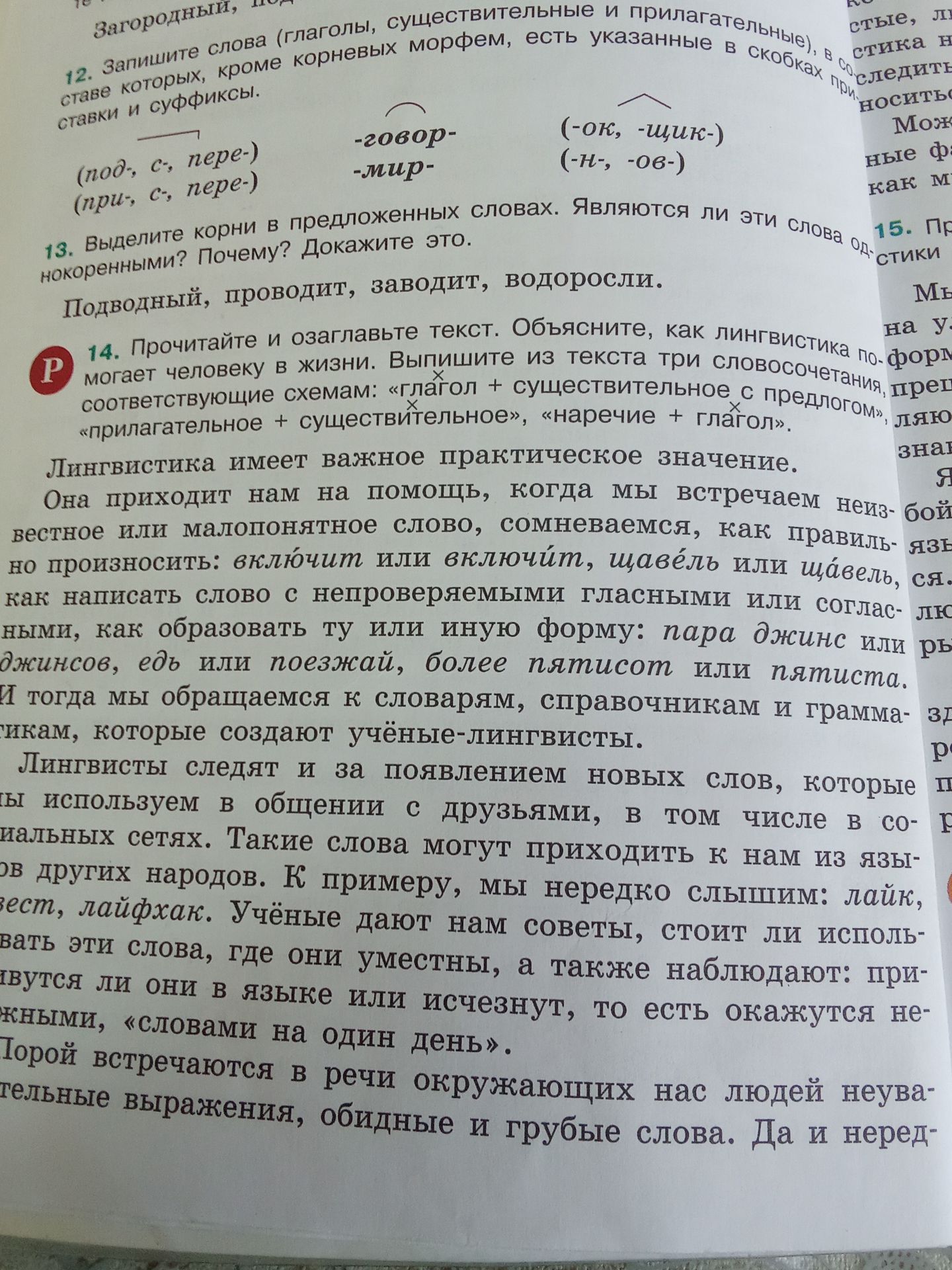 Фото задания: 13. Выделите корни в предложенных словах. Являются ли эти слова однокоренными? Почему? Подводный, проводит, водоросли.