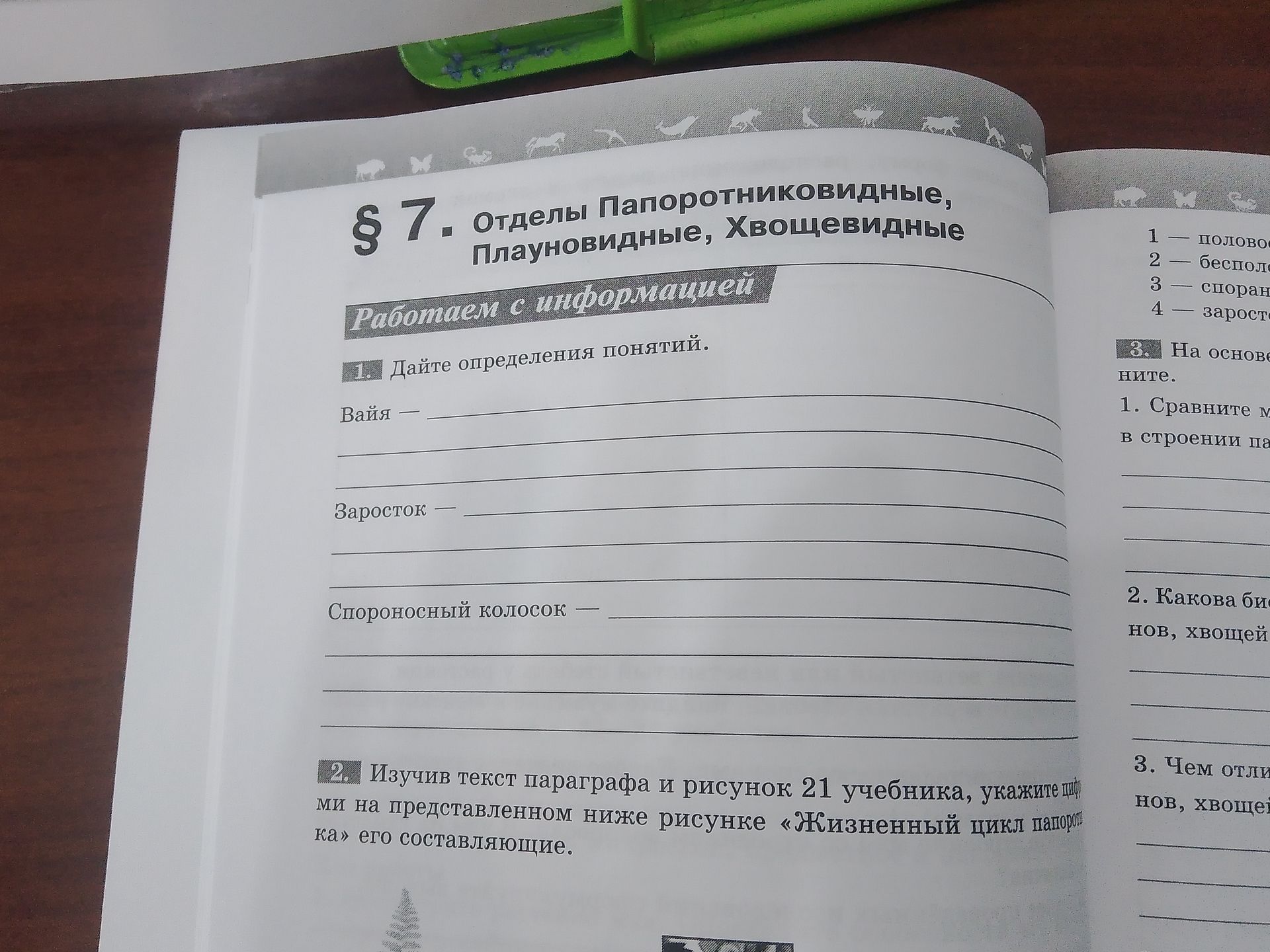 Фото задания: 1. Дайте определения понятий: Вайя; Заросток; Спороносный колосок.