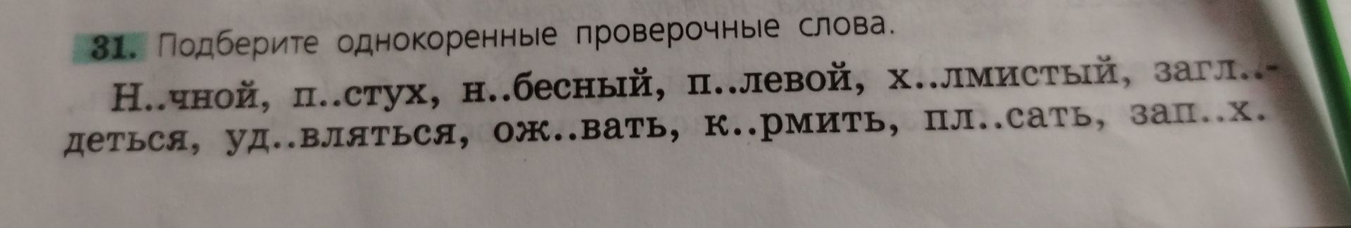 Фото задания: 31. Подберите однокоренные проверочные слова: Н...чной, п...стух, н...бесный, П...левой, х...лмистый, загл...деться,…