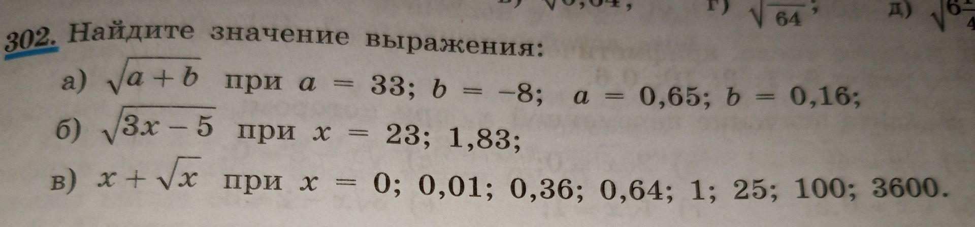 Фото задания: 302. Найдите значение выражения: а) √(a + b) при a = 33; b = −8; a = 0,65; b = 0,16; б) √(3x − 5) при x = 23; 1,83; в) x + √x…
