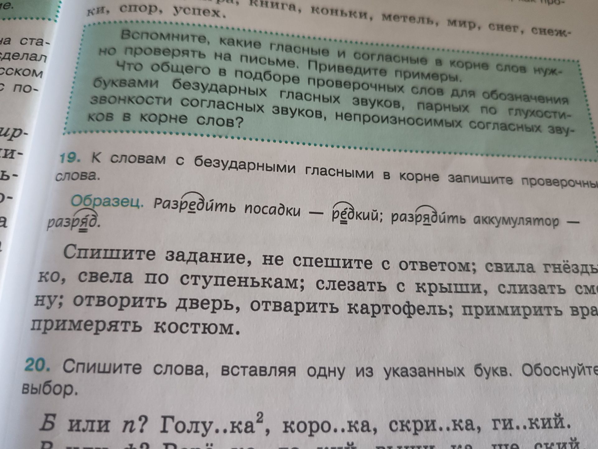 Фото задания: 20. Спишите слова, вставляя одну из указанных букв. Обоснуйте выбор. Б или п? Голу..ка, коро..ка, скри..ка, ги..кий.