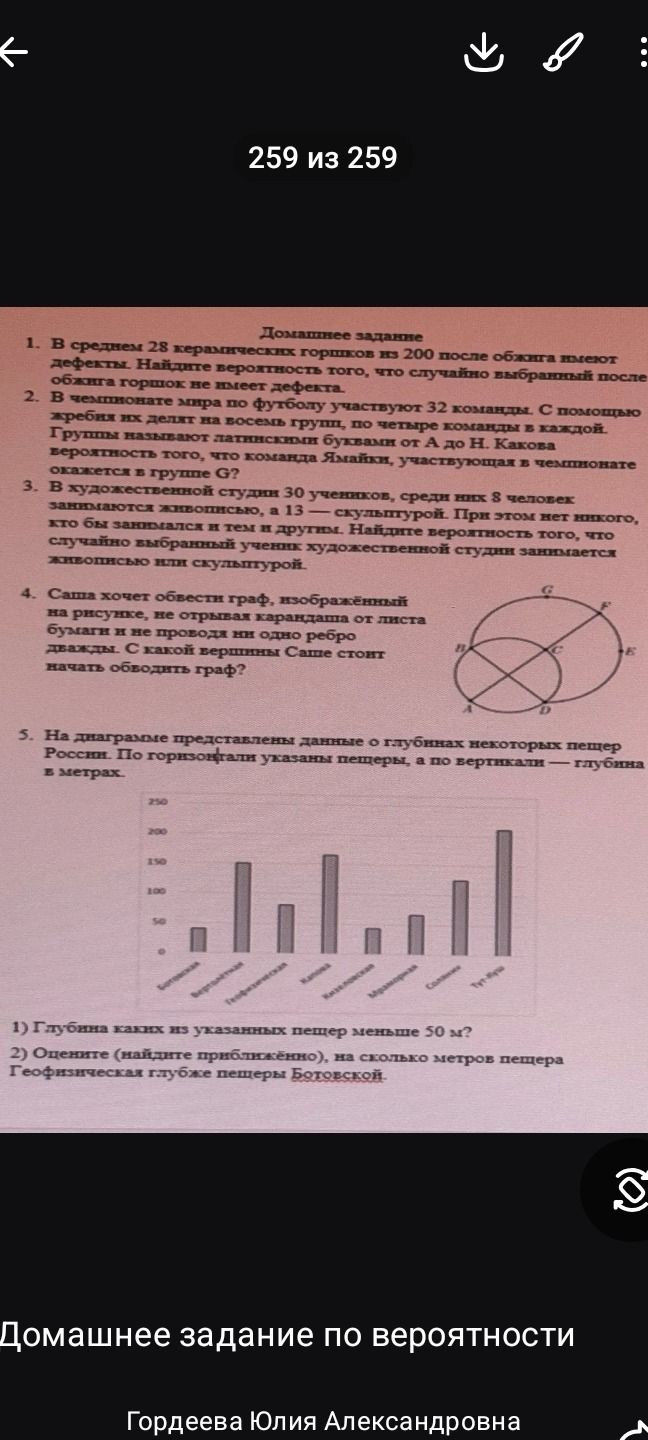 Фото задания: 5. На диаграмме представлены данные о глубинах некоторых пещер России. По горизонтали указаны пещеры, а по вертикали —…