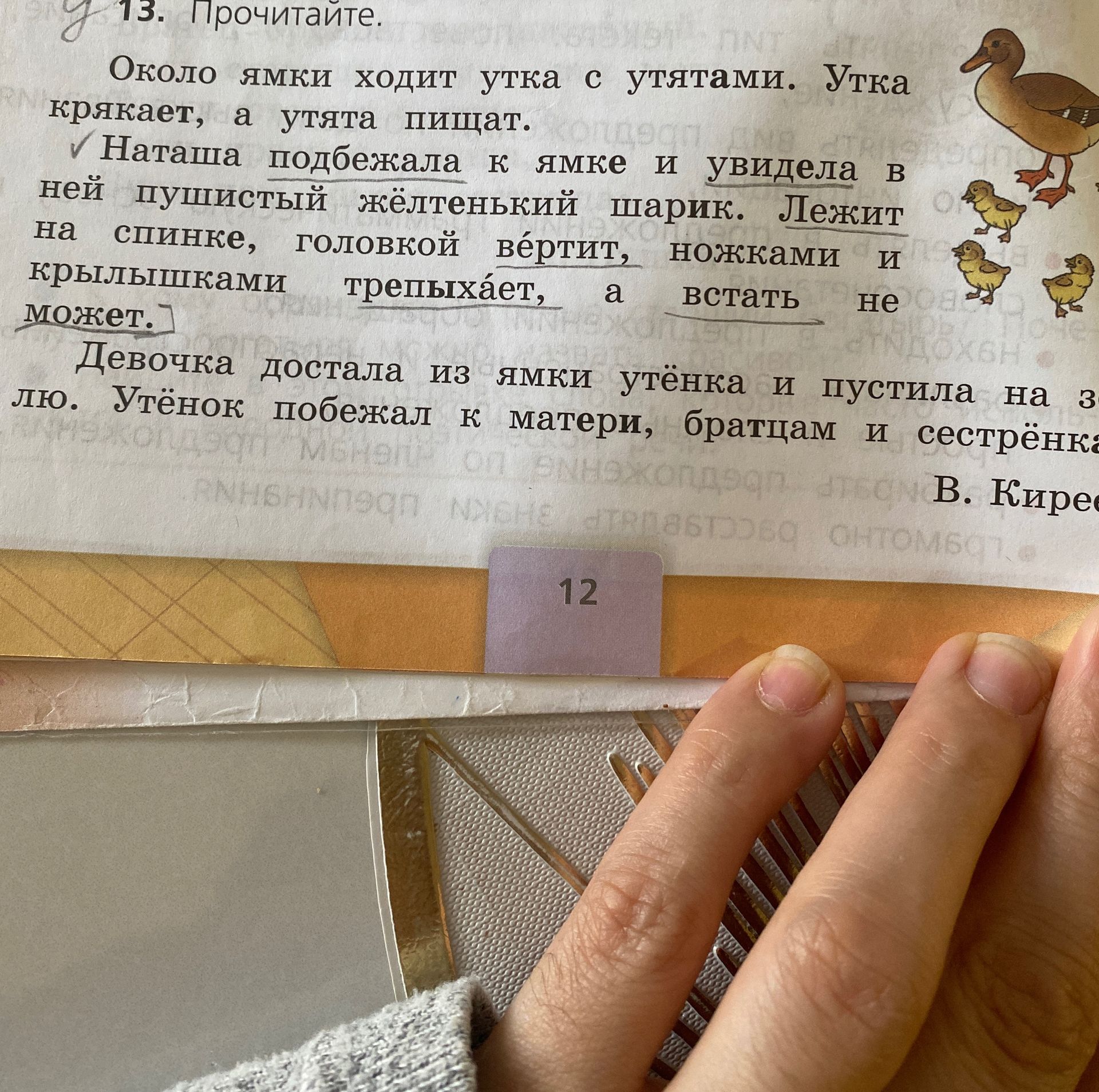 Фото задания: 13. Прочитайте. Около ямки ходит утка с утятами. Утка крякает, а утята пищат. Наташа подбежала к ямке и увидела в ней…
