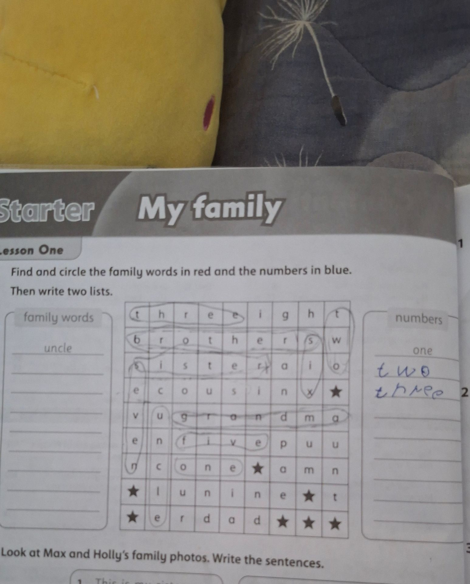 Фото задания: Lesson One. Find and circle the family words in red and the numbers in blue. Then write two lists.