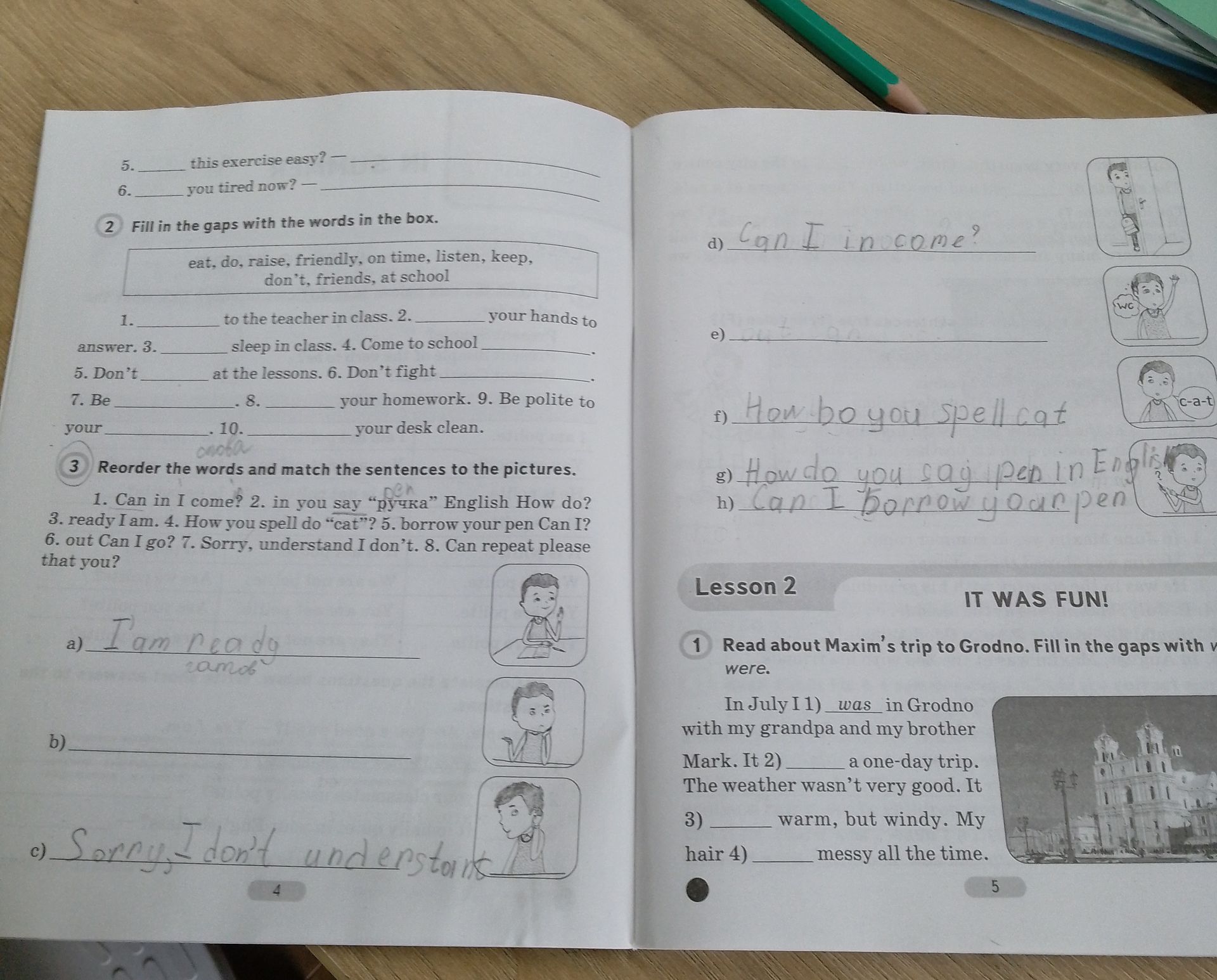Фото задания: 3. Reorder the words and match the sentences to the pictures. 1. Can in I come? 2. in you say “ручка” English How do? 3.…