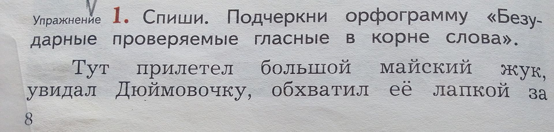 Фото задания: Упражнение 1. Спиши. Подчеркни орфограмму «Безударные проверяемые гласные в корне слова». Тут прилетел большой майский жук,…