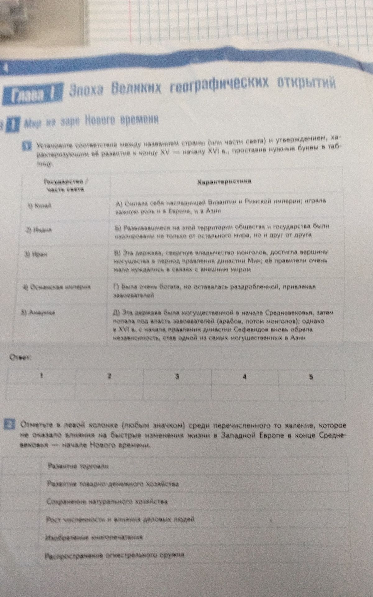 Фото задания: 1. Установите соответствие между названием страны (или части света) и утверждением, характеризующим её развитие к концу XV…