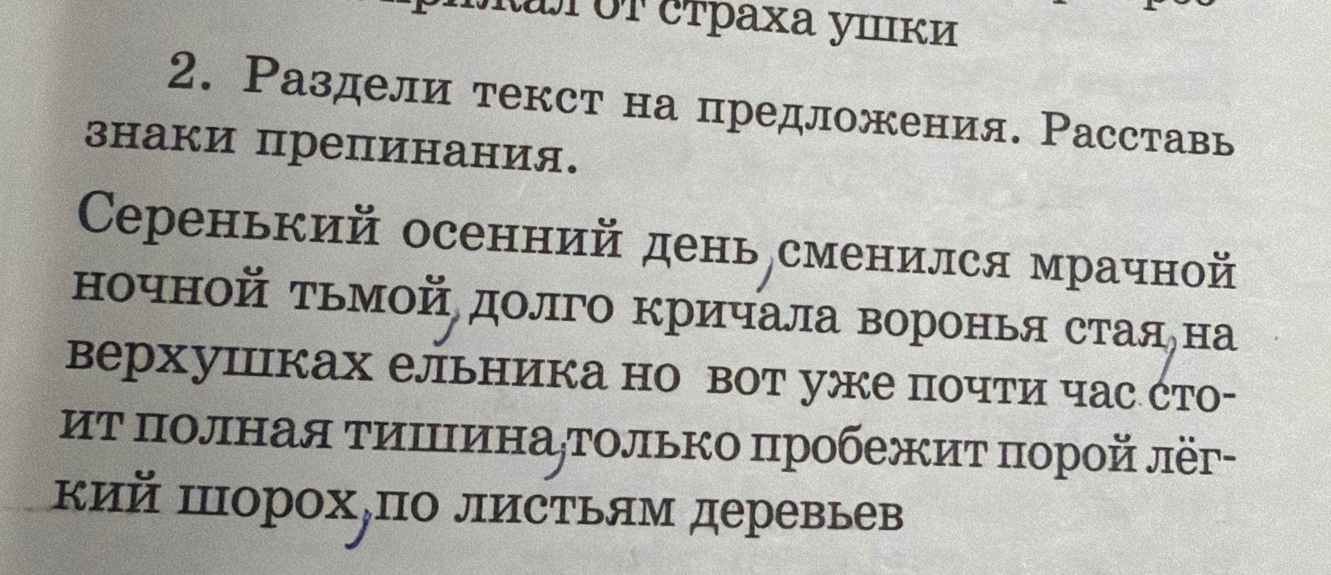Фото задания: 2. Раздели текст на предложения. Расставь знаки препинания. Серенький осенний день сменился мрачной ночной тьмой долго…