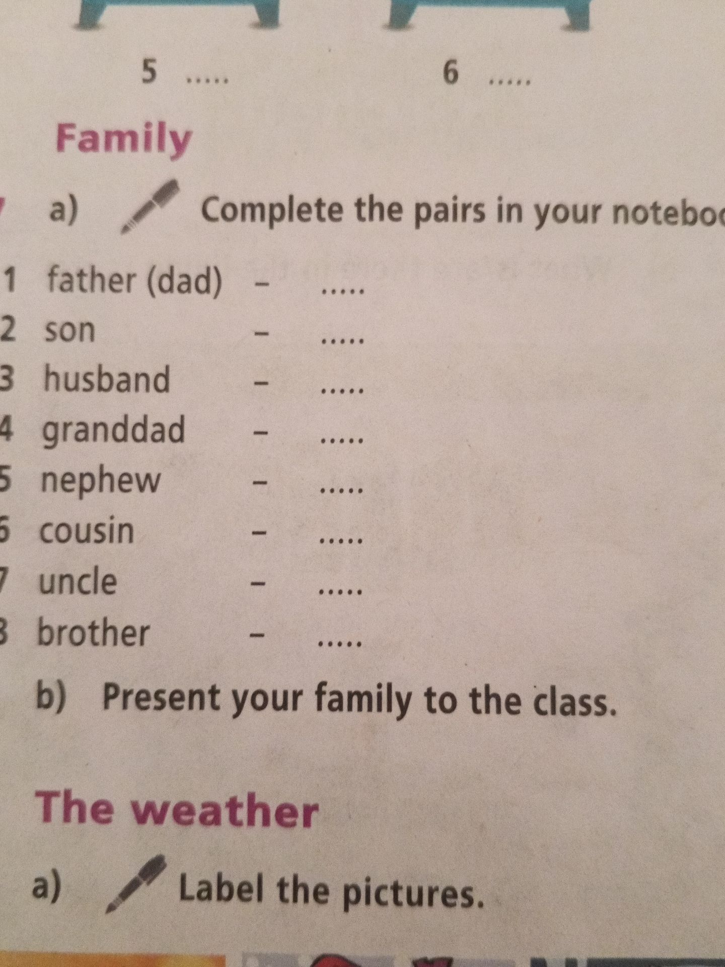 Фото задания: Family — a) Complete the pairs in your notebook: 1 father (dad) – ... 2 son – ... 3 husband – ... 4 granddad – ... 5 nephew –…