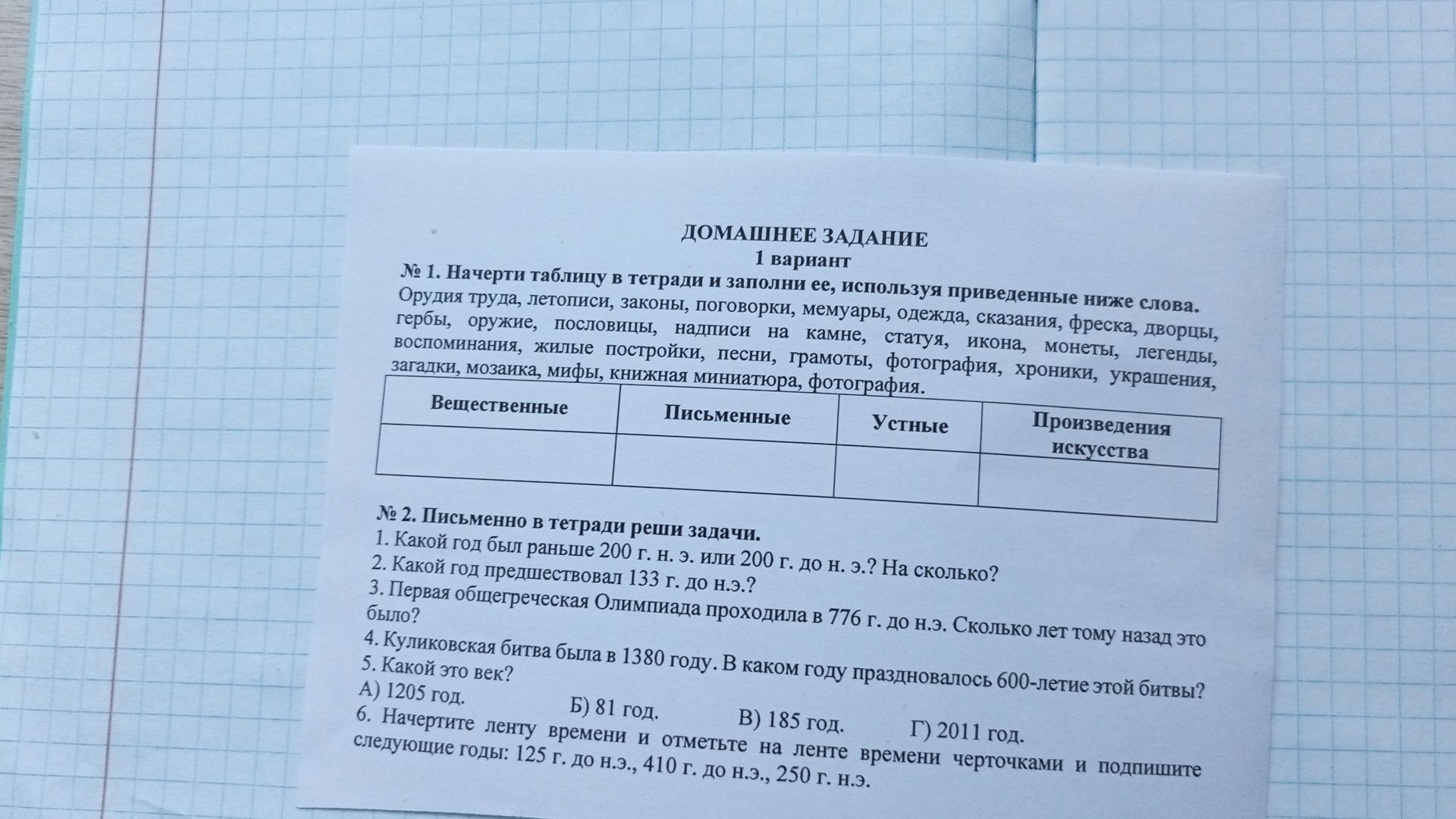 Фото задания: № 2. Письменно в тетради реши задачи. 1. Какой год был раньше 200 г. н. э. или 200 г. до н. э.? На сколько? 2. Какой год…