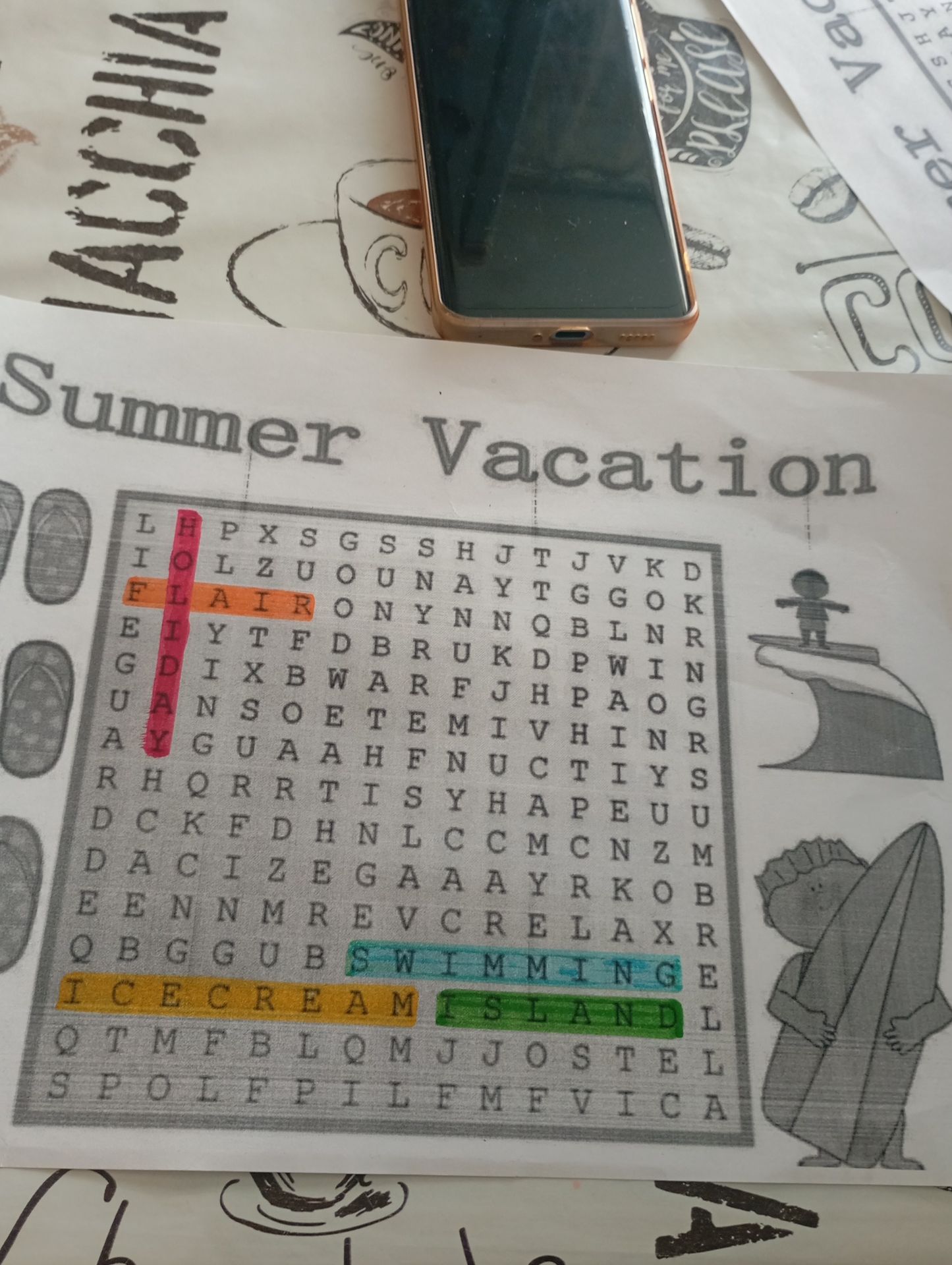 Фото задания: Word search puzzle titled “Summer Vacation”. Find the hidden summer-vacation words. Several words are already highlighted:…