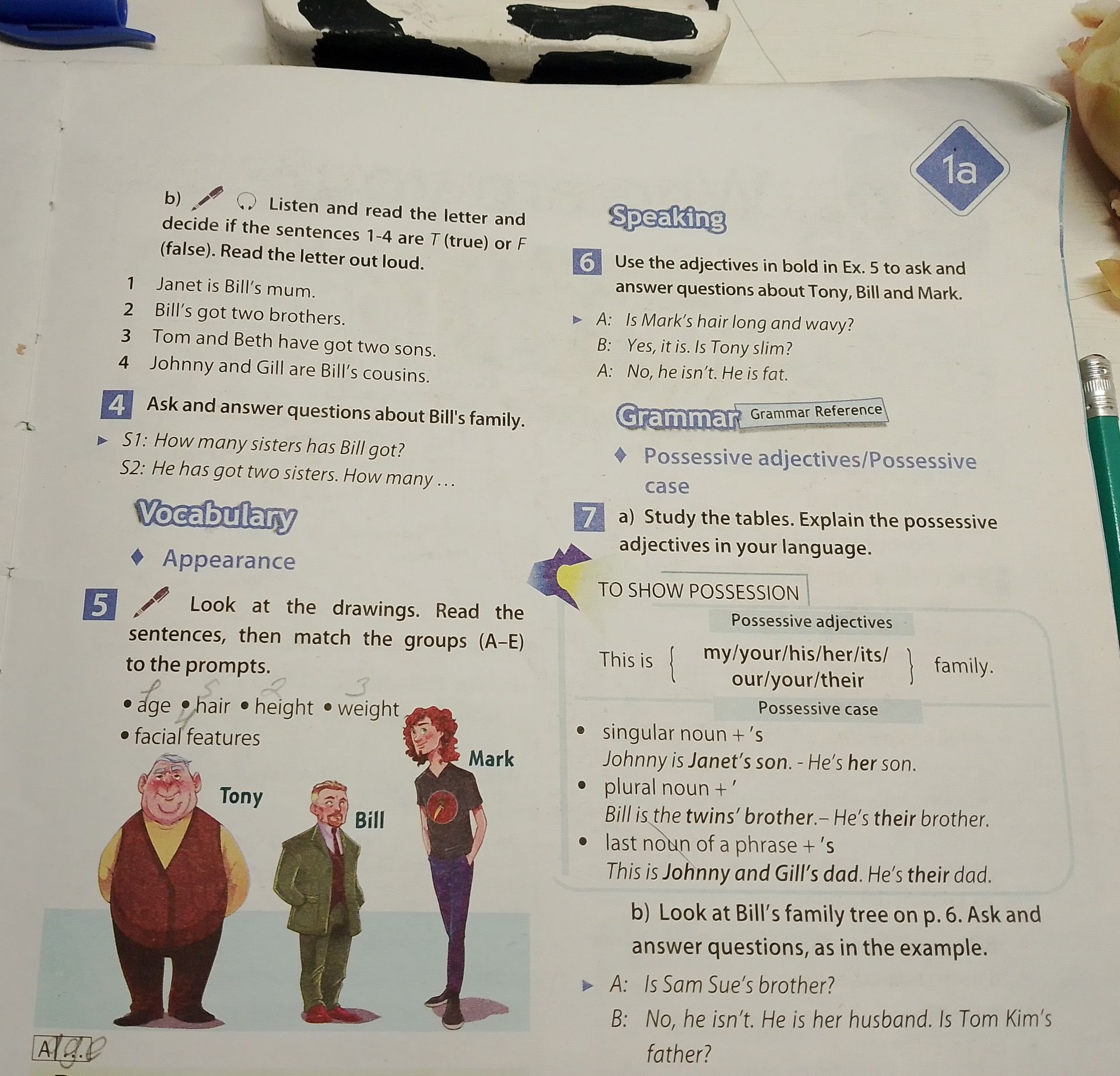 Фото задания: 7a) Study the tables. Explain the possessive adjectives in your language. 7b) Look at Bill’s family tree on p. 6. Ask and…