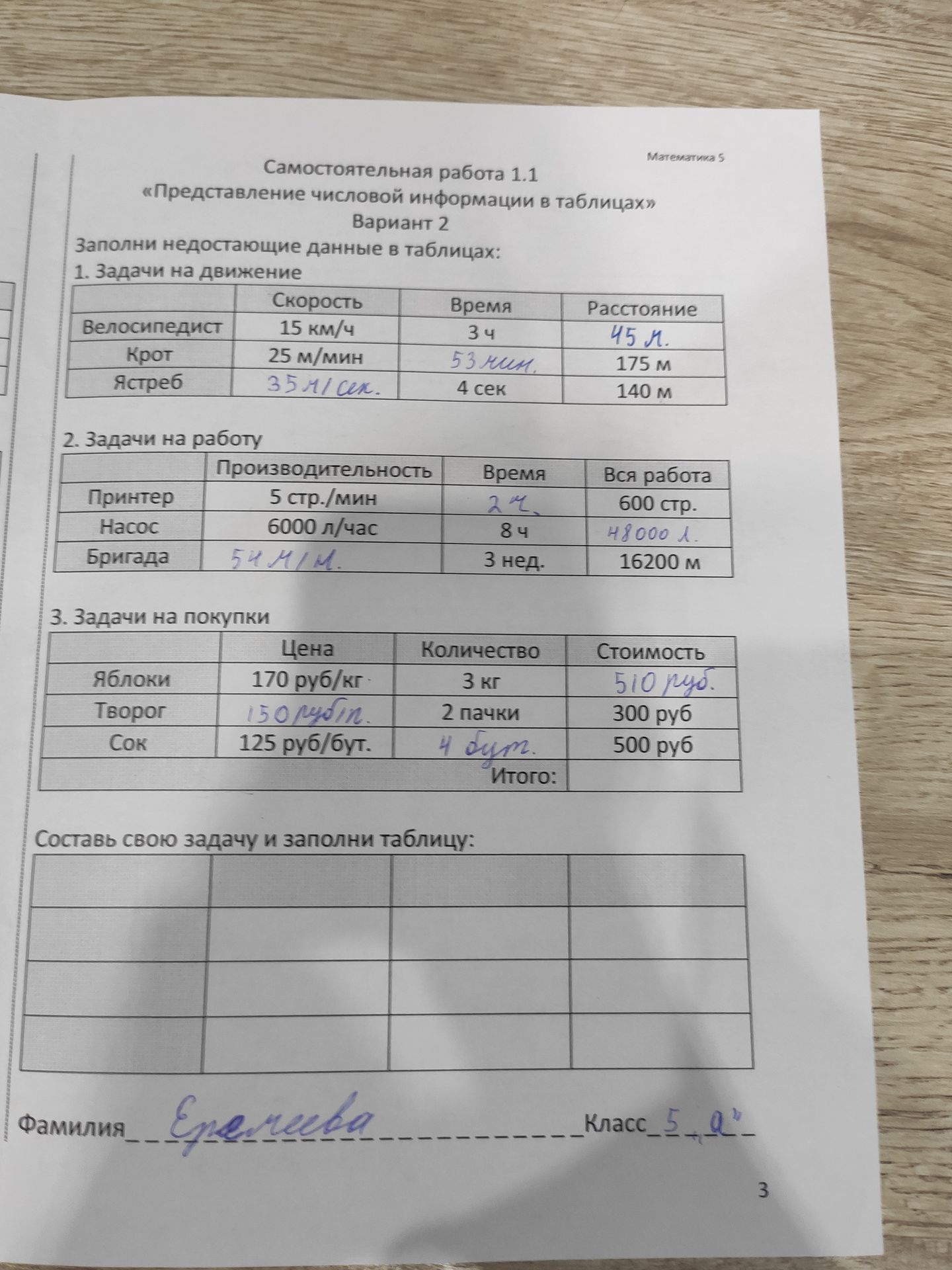 Фото задания: 4. Составь свою задачу и заполни таблицу.