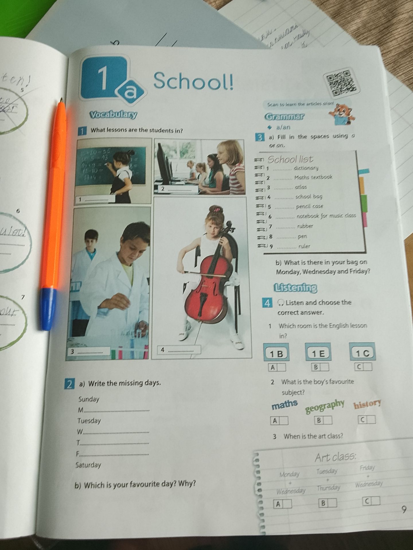 Фото задания: 3. a) Fill in the spaces using a or an. School list: 1 ... dictionary; 2 ... Maths textbook; 3 ... atlas; 4 ... school bag; 5…