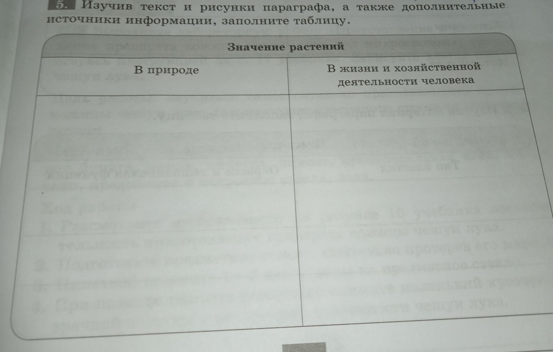Фото задания: 5. Изучив текст и рисунки параграфа, а также дополнительные источники информации, заполните таблицу «Значение растений»: «В…