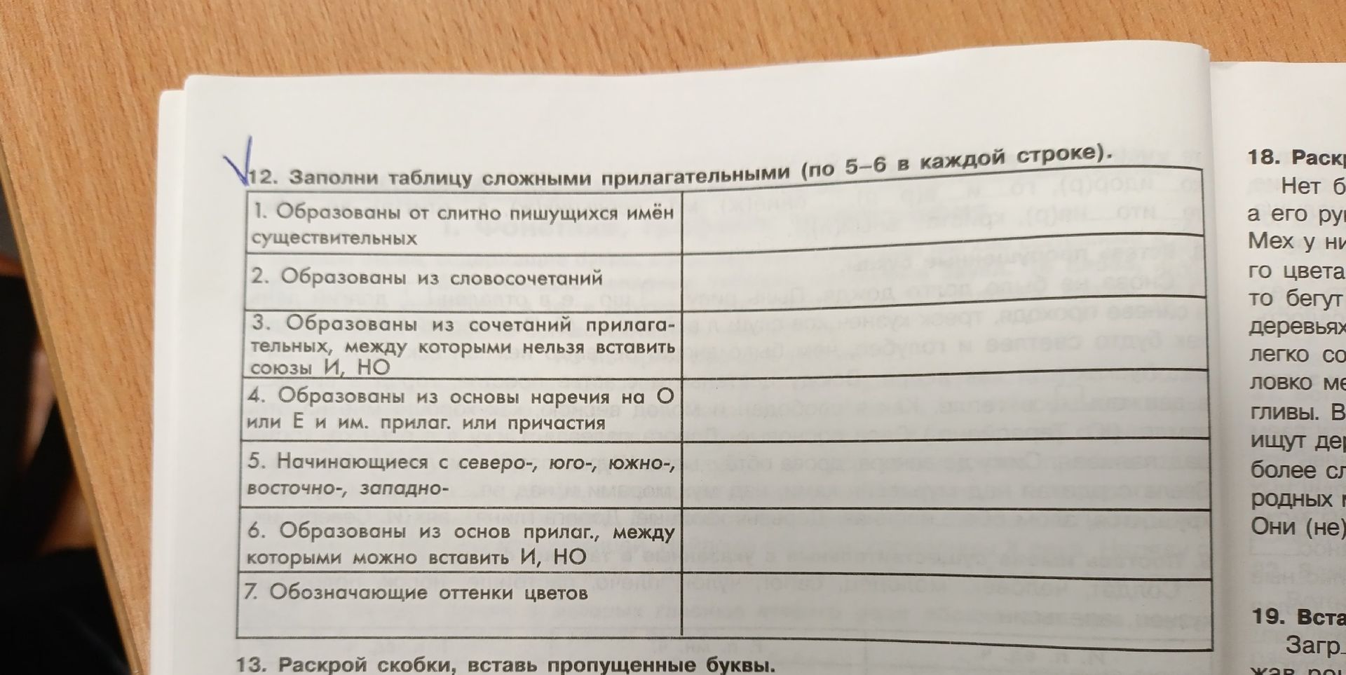 Фото задания: 12. Заполни таблицу сложными прилагательными (по 5–6 в каждой строке). 1. Образованы от слитно пишущихся имён…