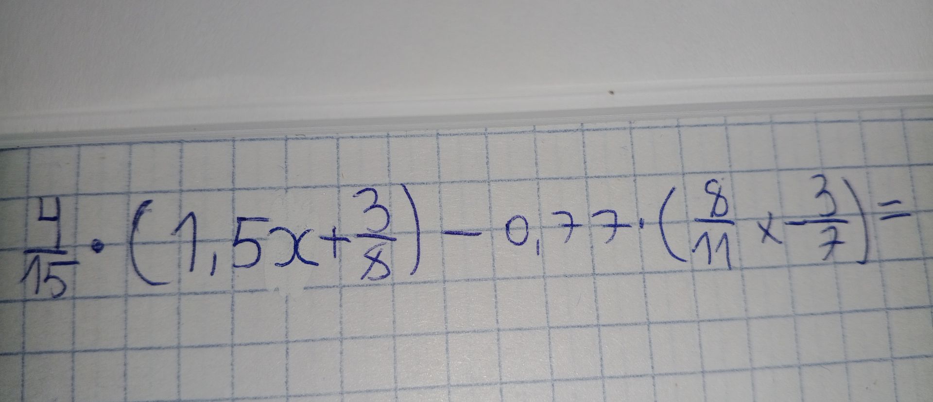 Фото задания: \(\frac{4}{15}\cdot(1,5x+\frac{3}{5})-0,77\cdot(\frac{8}{11}x-\frac{3}{7})=\)