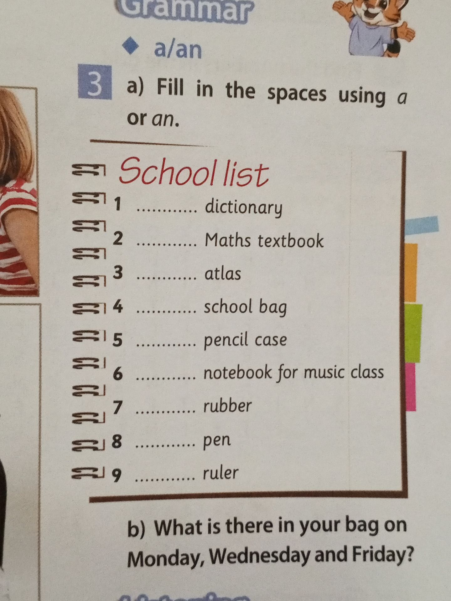 Фото задания: 3b) What is there in your bag on Monday, Wednesday and Friday?
