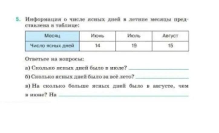Фото задания: 5. Информация о числе ясных дней в летние месяцы представлена в таблице: июнь — 14 ясных дней, июль — 19 ясных дней, август —…