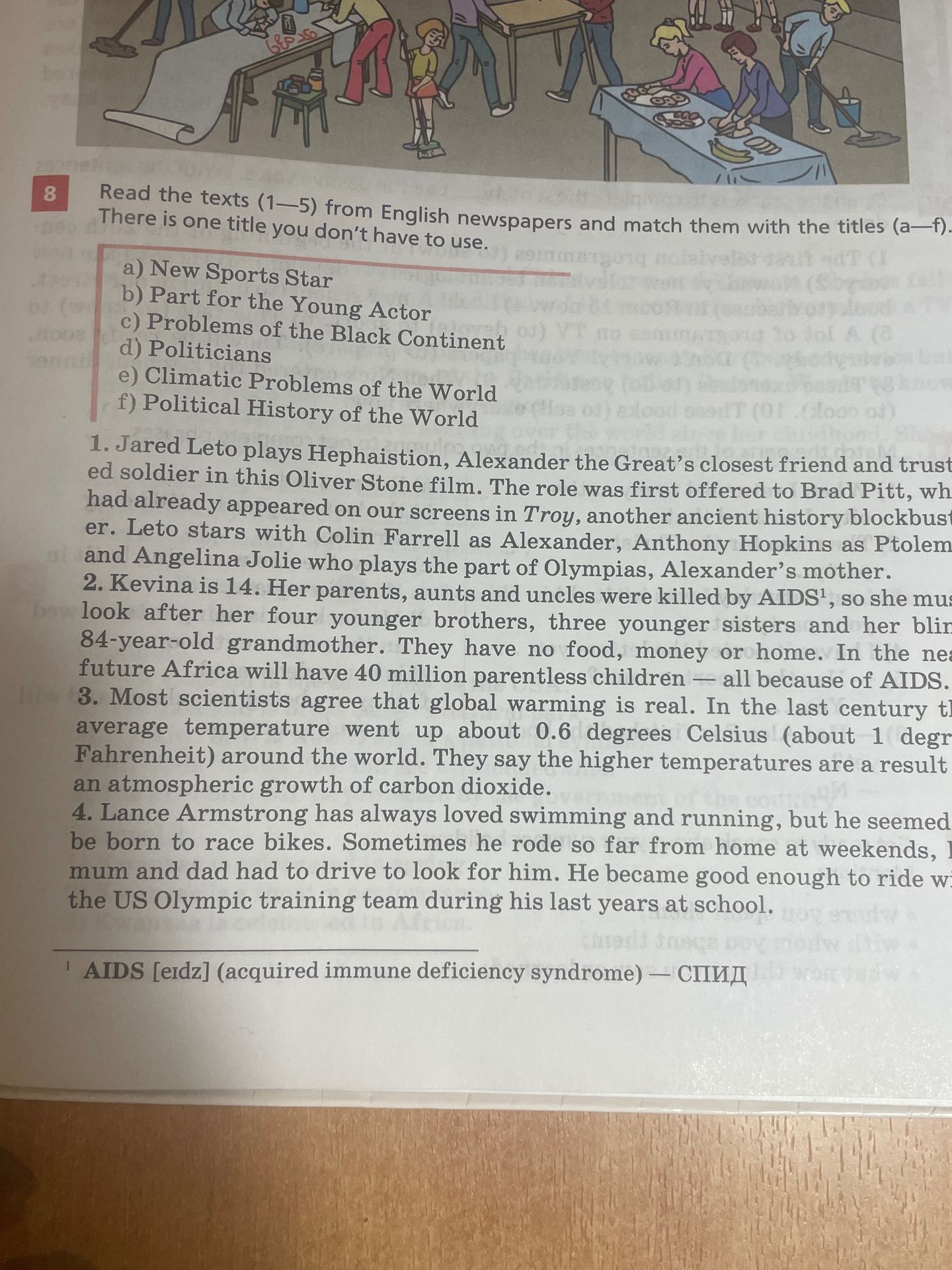 Фото задания: Read the texts (1–5) from English newspapers and match them with the titles (a–f). There is one title you don’t have to…