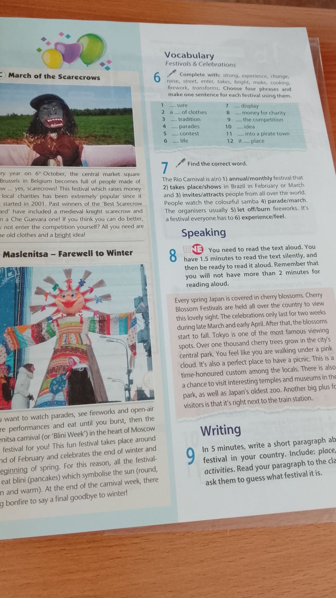 Фото задания: 9 In 5 minutes, write a short paragraph about a festival in your country. Include: place, activities. Read your paragraph…