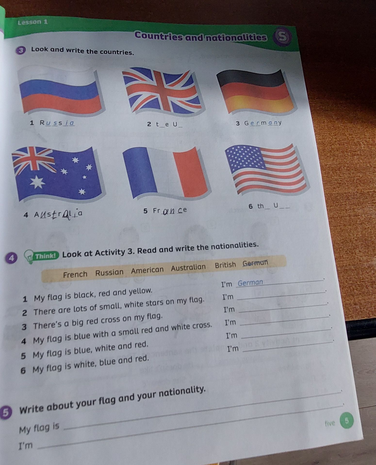 Фото задания: 5. Write about your flag and your nationality. My flag is ____. I’m ____.