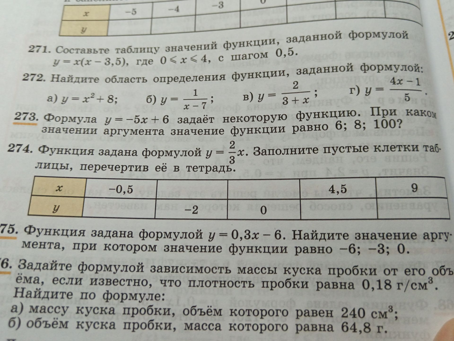 Фото задания: 275. Функция задана формулой y = 0,3x − 6. Найдите значение аргумента, при котором значение функции равно −6; −3; 0.