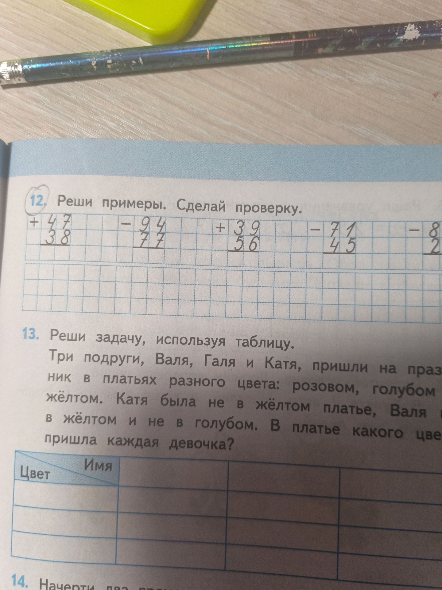 Фото задания: 13. Реши задачу, используя таблицу. Три подруги, Валя, Галя и Катя, пришли на праздник в платьях разного цвета: розовом,…